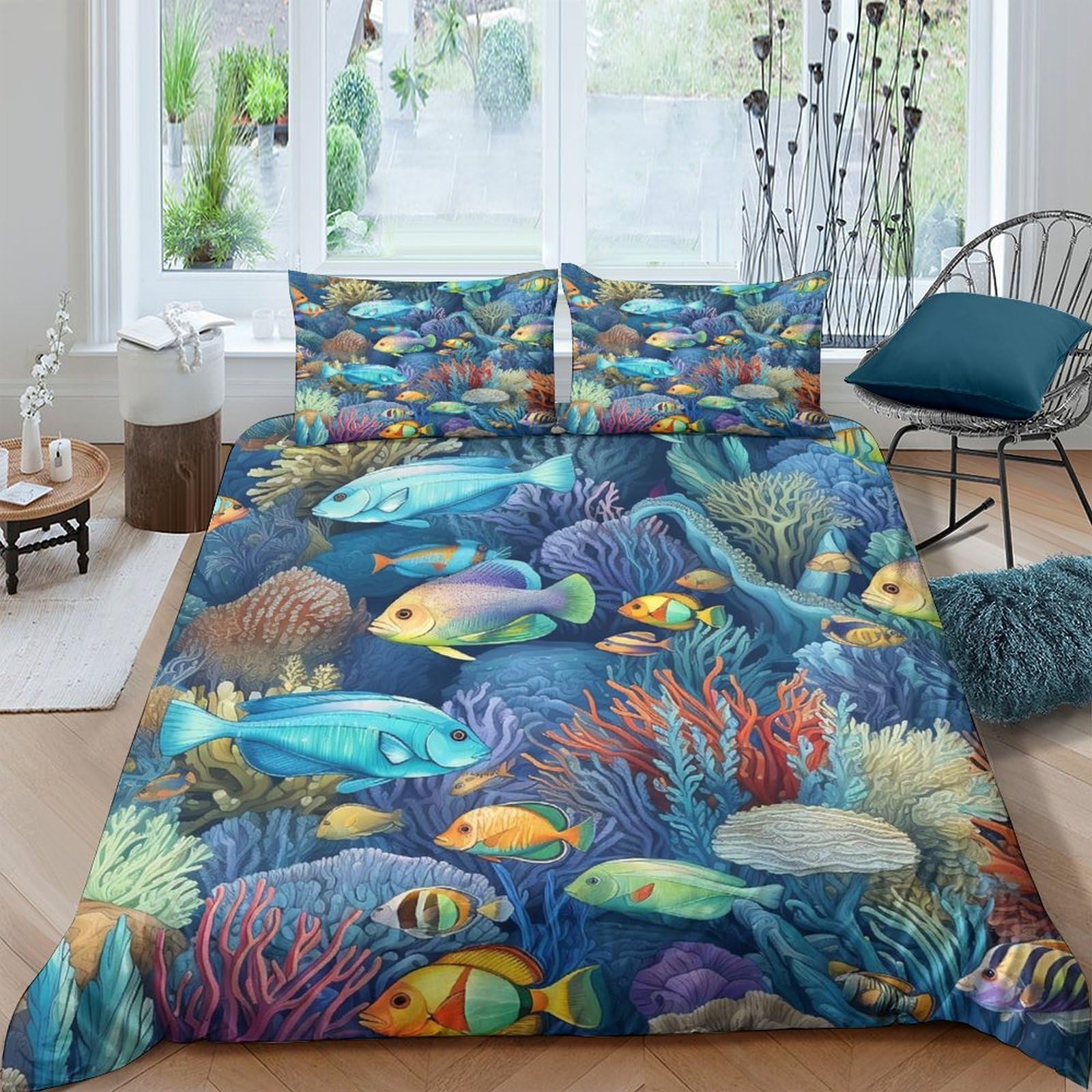 Ctjqhvkz Style-8 3D Printed Ocean Reef Fitted Sheet Microfiber Colourful Fish Bed Cover For Bedroom Guest Room Mattress Decor Single（135X200cm）