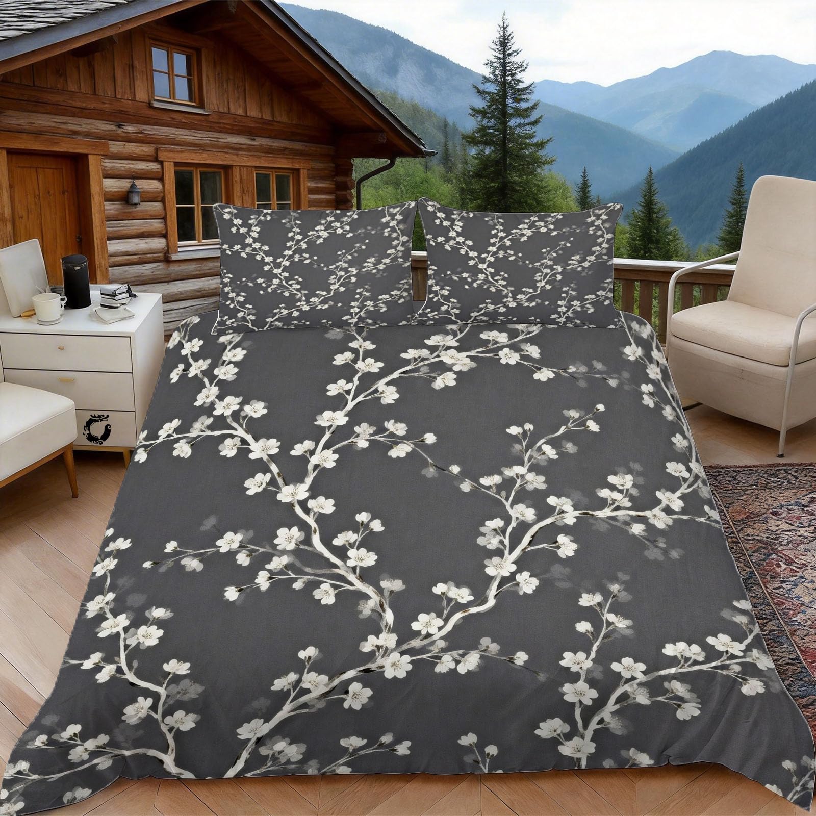 3D Single Duvet Cover Set 3D Printed White Plum Blossom Bedding, Oriental Aesthetics Soft Microfibre Duvet Cover Sets Quilt Cover and Pillow Set with Zipper 3 Pcs