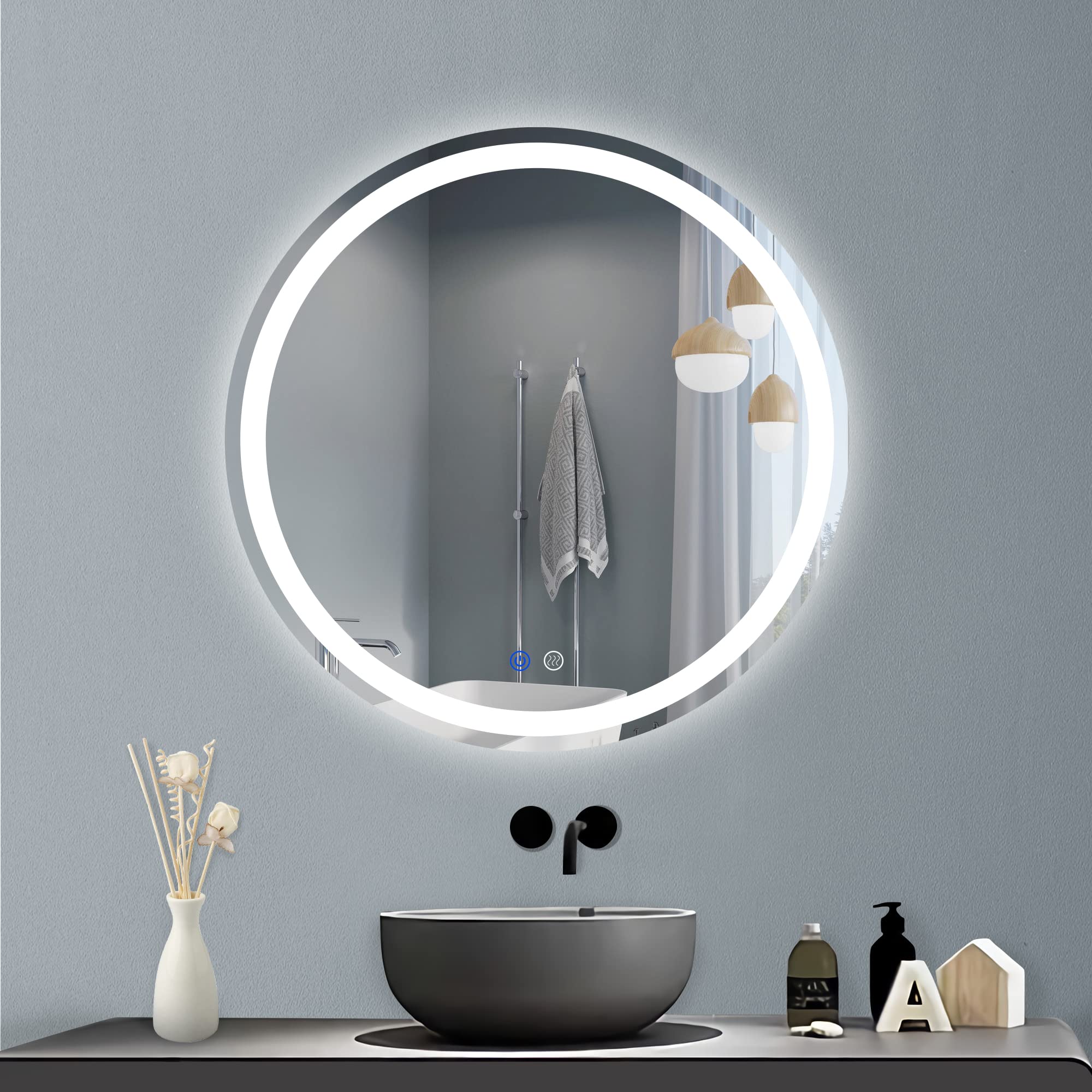 LUVODI 24/32 Inch Round LED Illuminated Bathroom Mirror - Dimmable, Anti-fog, HD Smart Vanity Mirror (Gold Or Black Frame)
