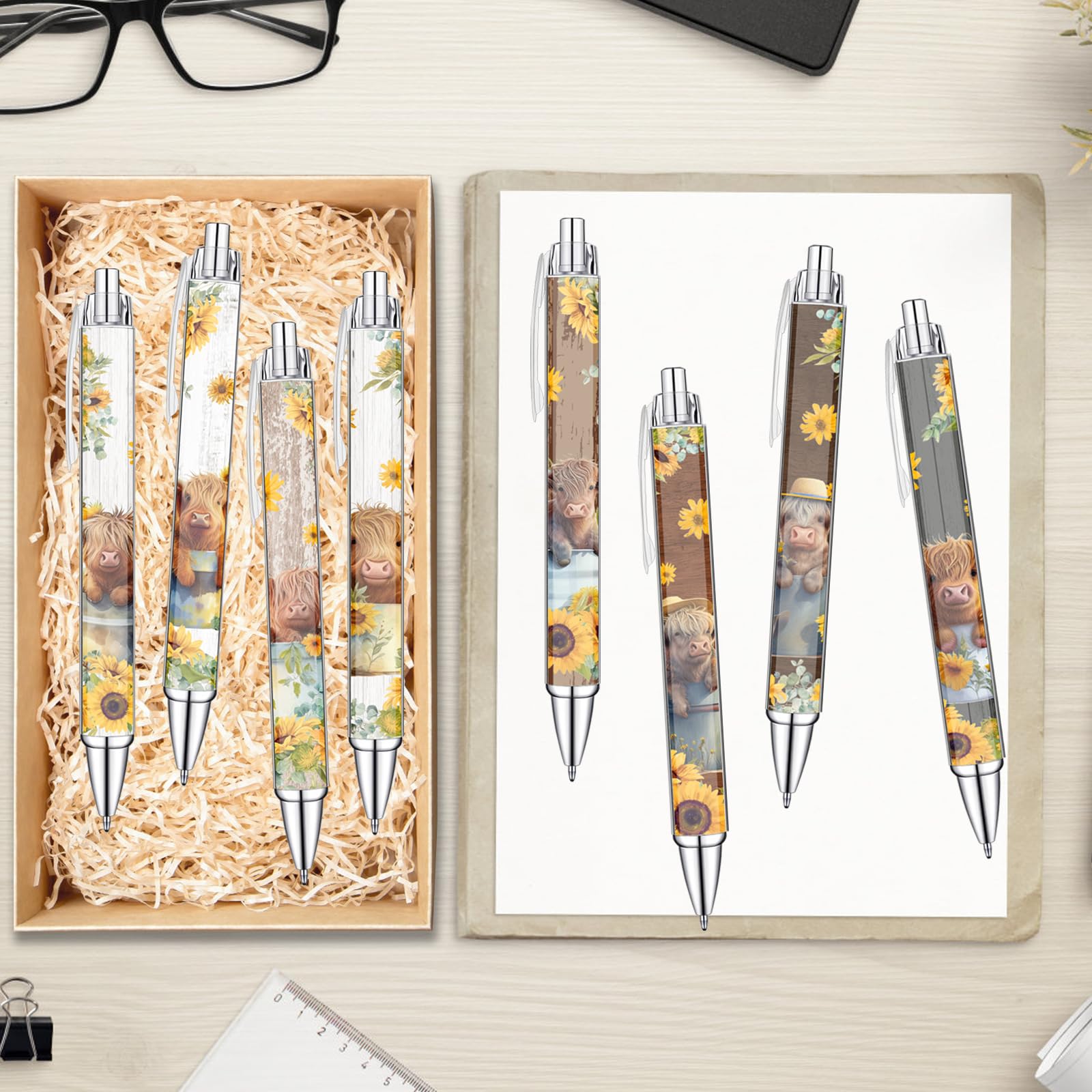7 Stück Kuh-Stifte Mit Highland Cow Design - Niedliche Druckstifte Mit Blumen, Weiß & Braun, Für Schule & Büro
