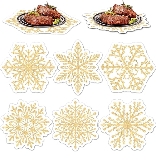 Juego de 6 manteles individuales de Navidad con diseño de copo de nieve, de plástico, decoración de mesa de invierno, lavable, color dorado y