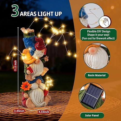 Miniatura 2 de Decoraciones de gnomos para patio, triple apilado con luces de fuegos artificiales, gnomo solar de jardín al aire libre, estatua de decoración para