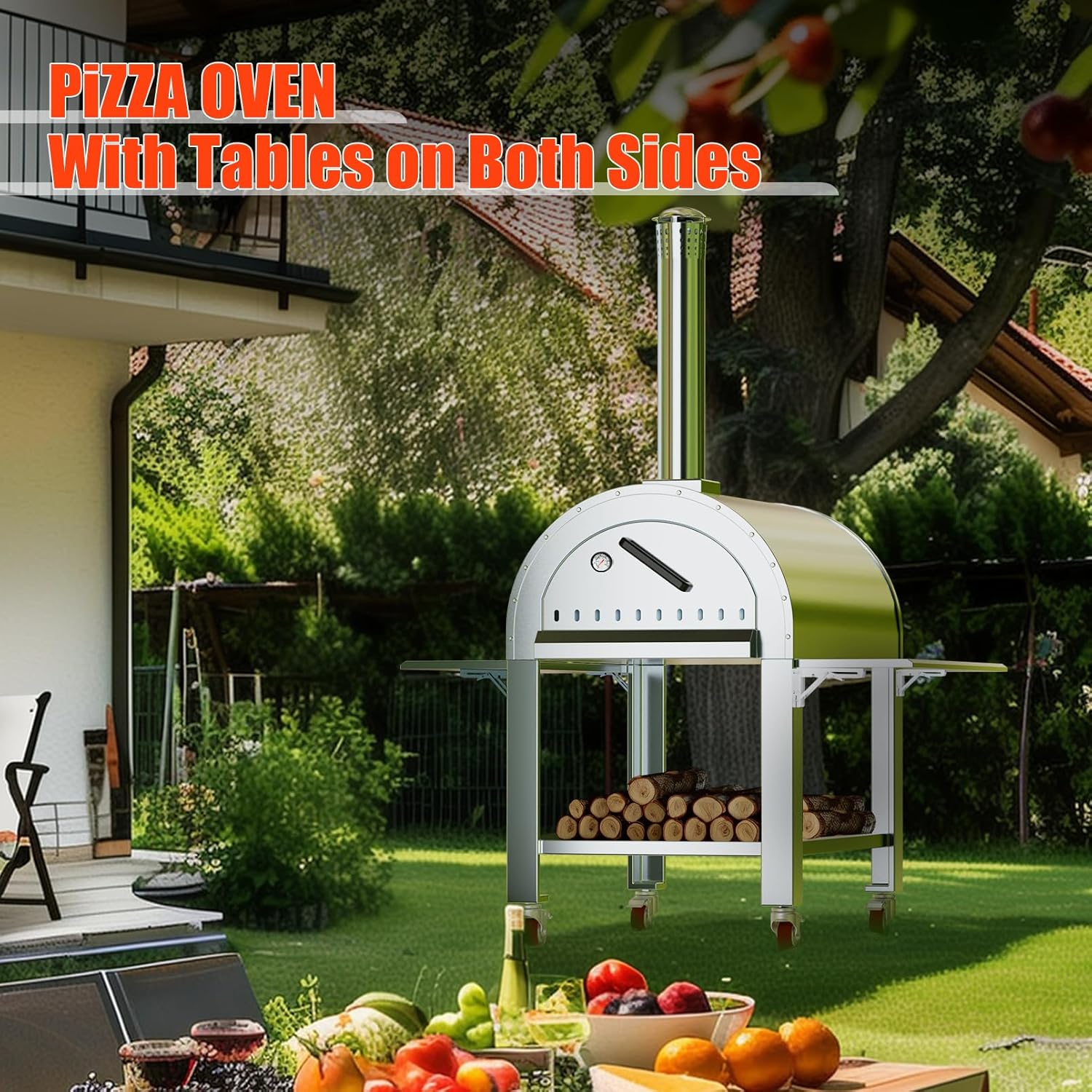 GAOMON 44 Inch Pizza Oven Outdoor,Wood Fire & Propane Gas Dual Fuel with Wheels and Accessories in Stainless Steel for Restaurant, Backyard, Garden, Patio, Camping, Silver
