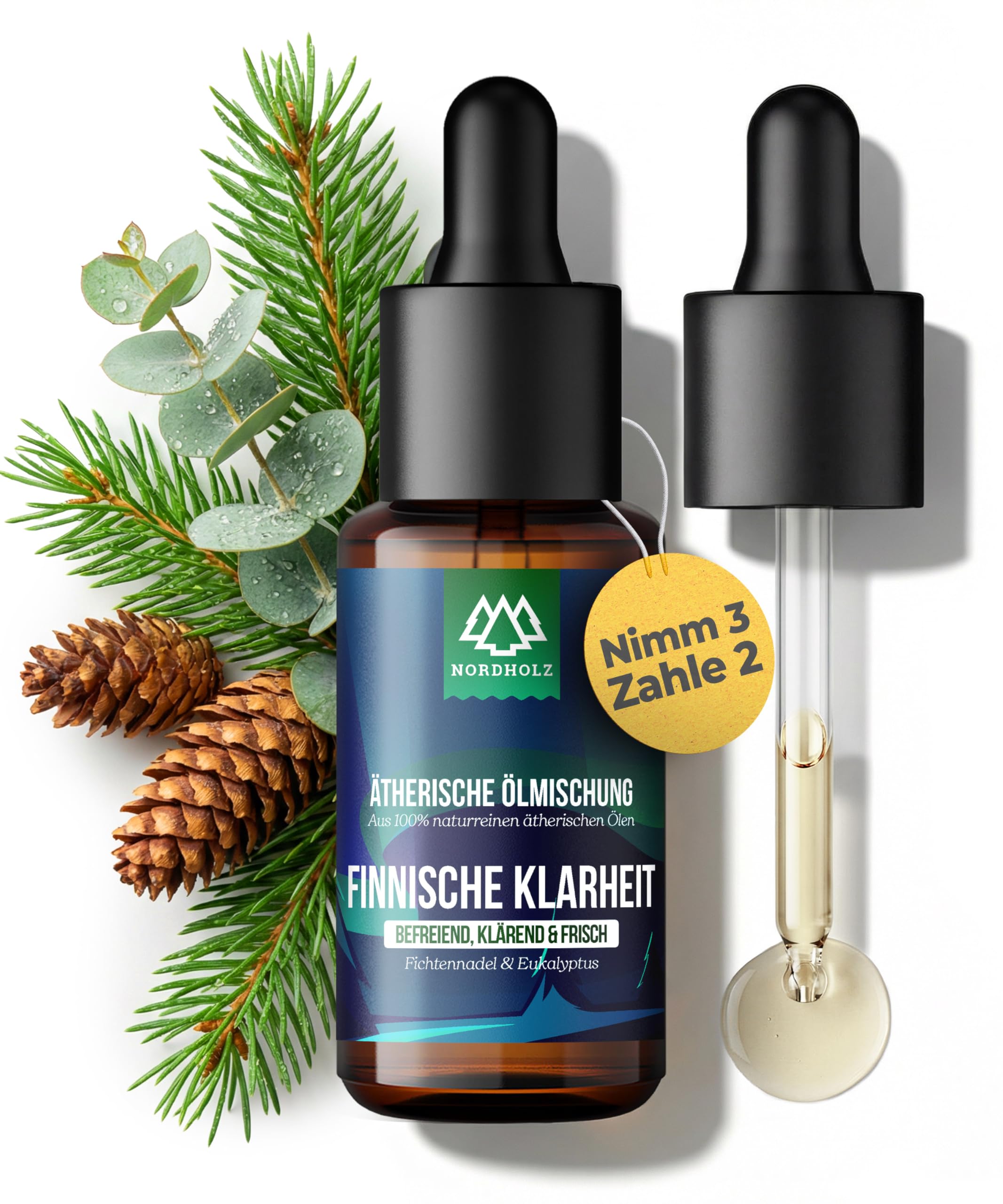 NORDHOLZ® Ätherische Öle [Mischung] Finnische Klarheit 15ml [100% naturrein] Frisch & klar – Duftöl In höchster Pharmaqualität – Vegan, Laborgeprüft – Sauna, Diffusor & Aromatherapie