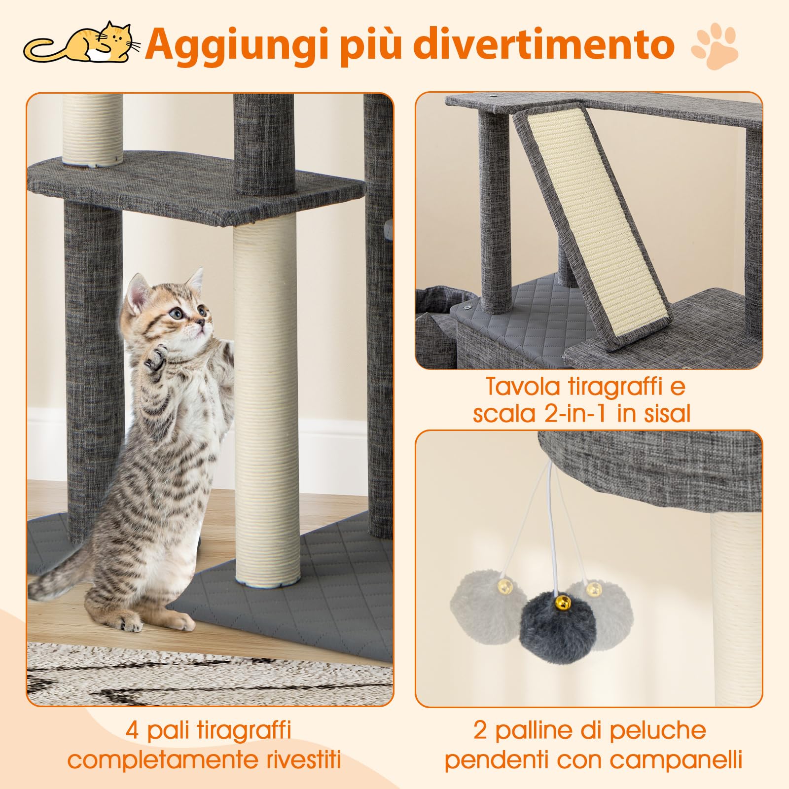 COSTWAY Tiragraffi per Gatto Alto 180 cm, Albero Tiragraffi Gatto con 8 Piattaforme, 4 Pali Sisal e 2 Palline Pompon, Torre Tiragraffi per Gatti con 2 Condomini Rimovibili, Grigio