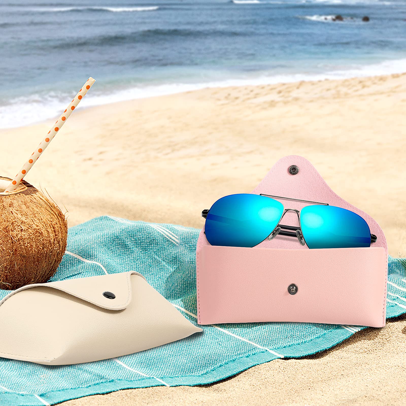 Hifot funda gafas cuero 2 piezas, PU cuero suaves viaje Estuche para Gafas de caso bolsa mujer hombre niño (Rosa&blanco)