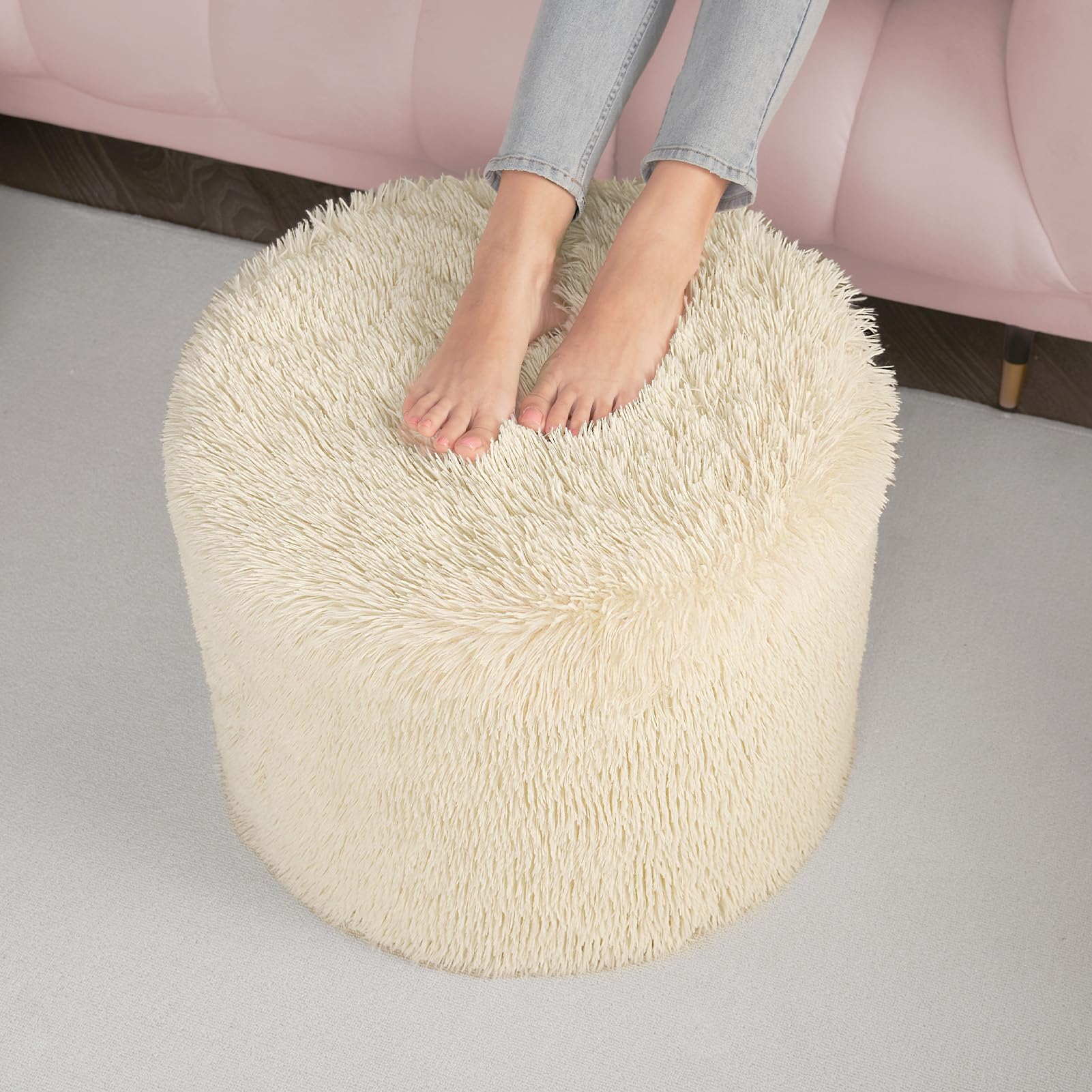 Hansleep Round Pouf Ottoman Foot Rest, Footstool, 17 x 14 Inch, Beige