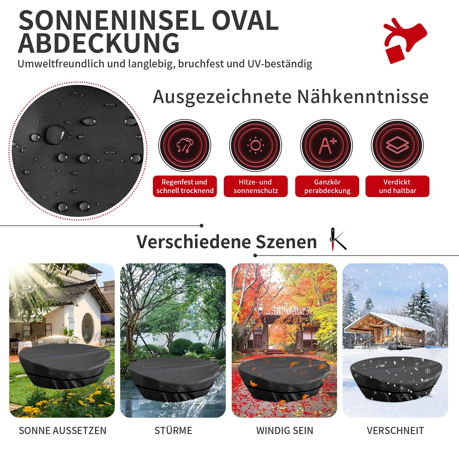 Sonneninsel Oval Abdeckung Wasserdicht,Schutzhülle Ovale Sonneninsel Winddicht,Abdeckung Oval mit Kordelzug und Verstellbare Schnallen,420D Oxford-Stoff Staubdicht (235*150*45/85cm,Schwarz)