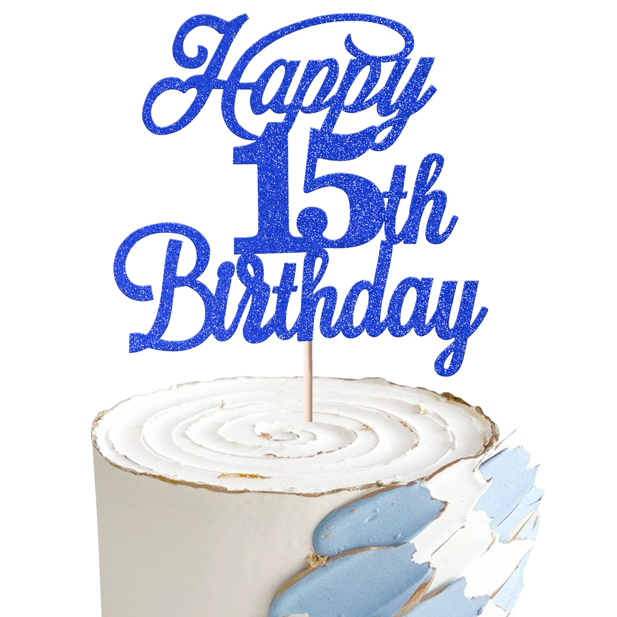 Rsstarxi 1 Pack Happy 15th Birthday Cake Topper Glitter 15 & Fabulous Cheers to 15 Years Old Birthday Cake Pick for Celebrating 15th Birthday Anniversary Party Cake Decorations Supplies Deep Blue