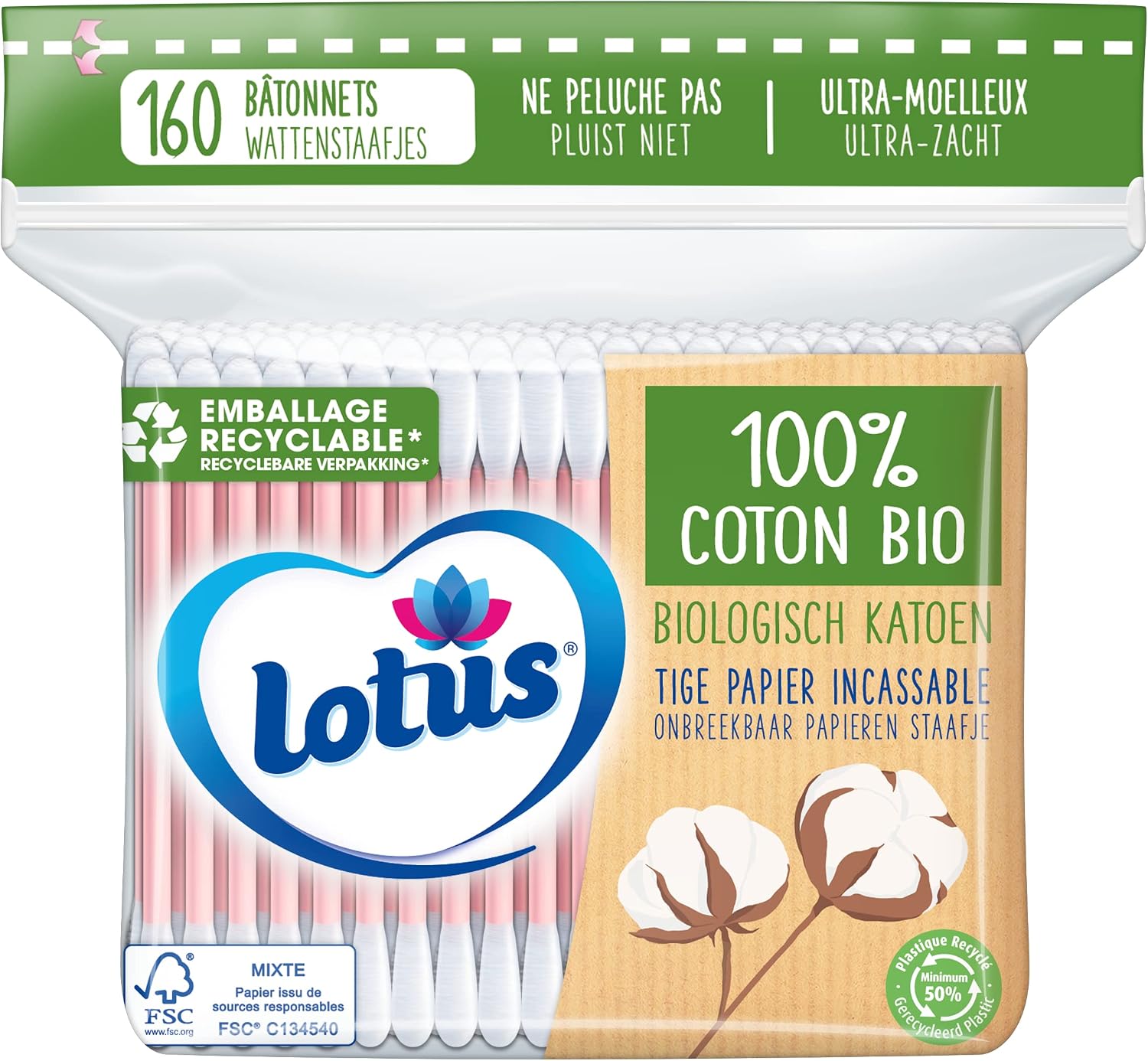 Lotus Coton-Tiges en Papier et Coton Bio - Sachet 160 Bâtonnets | Coton 100% bio - Multi-usages - Sachet refermable Mini — vue 2
