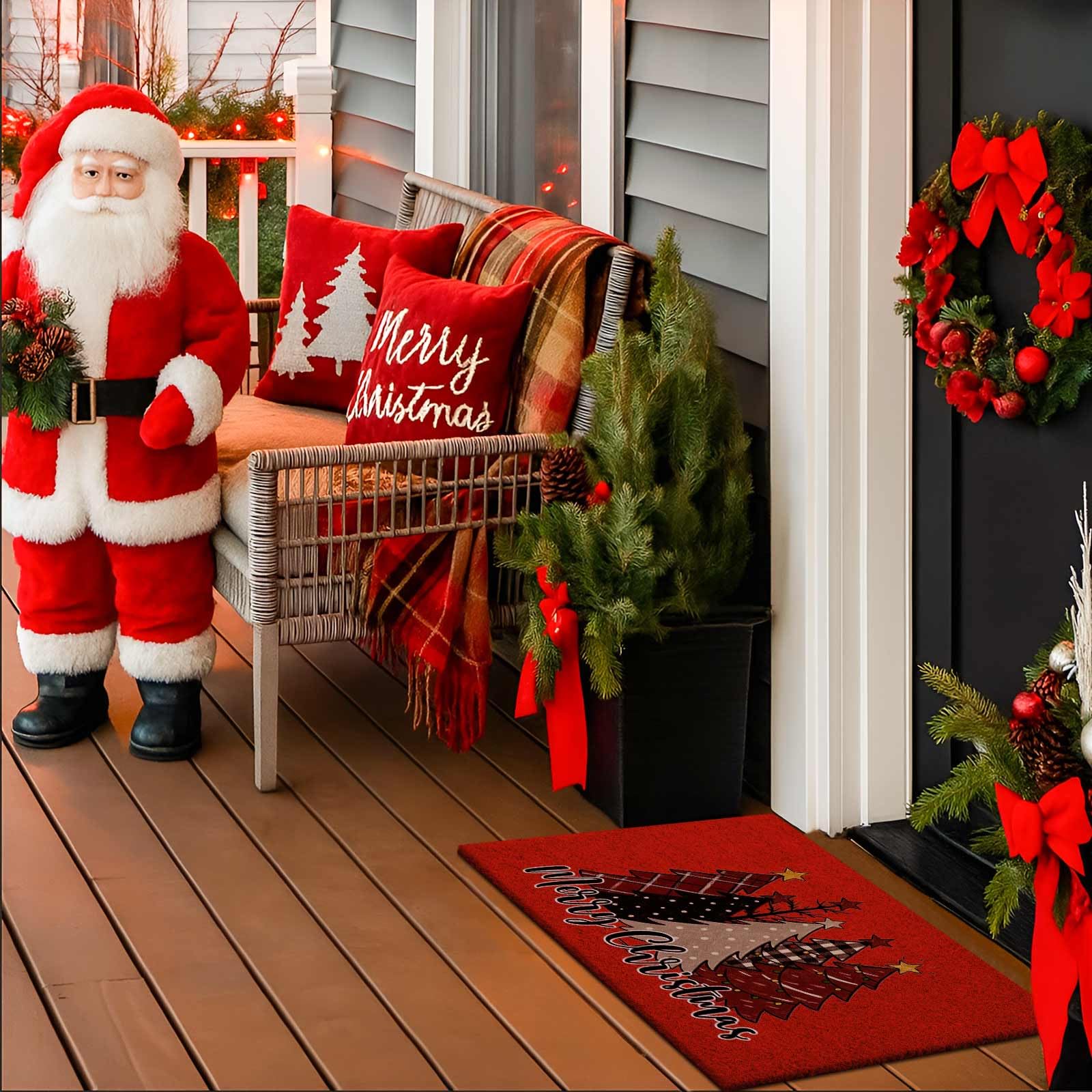 Lanpn 42x75cm Zerbino cocco Natale, Foresta Albero di Natale Antiscivolo Gomma Naturale Tappeto Porta Ingresso Esterno Esterni Tappeto Antiscivolo Zerbino Ingresso per decorazioni natalizie (Rosso)