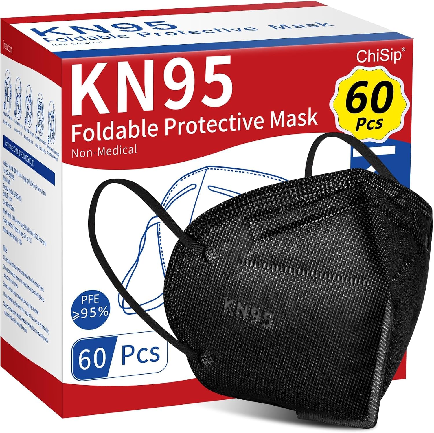 KN95 Face Mask 60 Pcs, 5 Layer Cup Dust Safety Masks, Breathable Protection Masks Against PM2.5 Dust for Men, Women Black