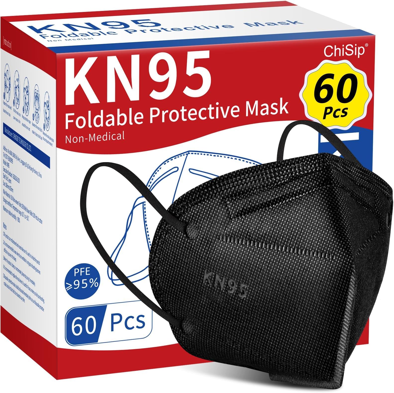 KN95 Face Mask 60 Pcs, 5 Layer Cup Dust Safety Masks, Breathable Protection Masks Against PM2.5 Dust for Men, Women Black