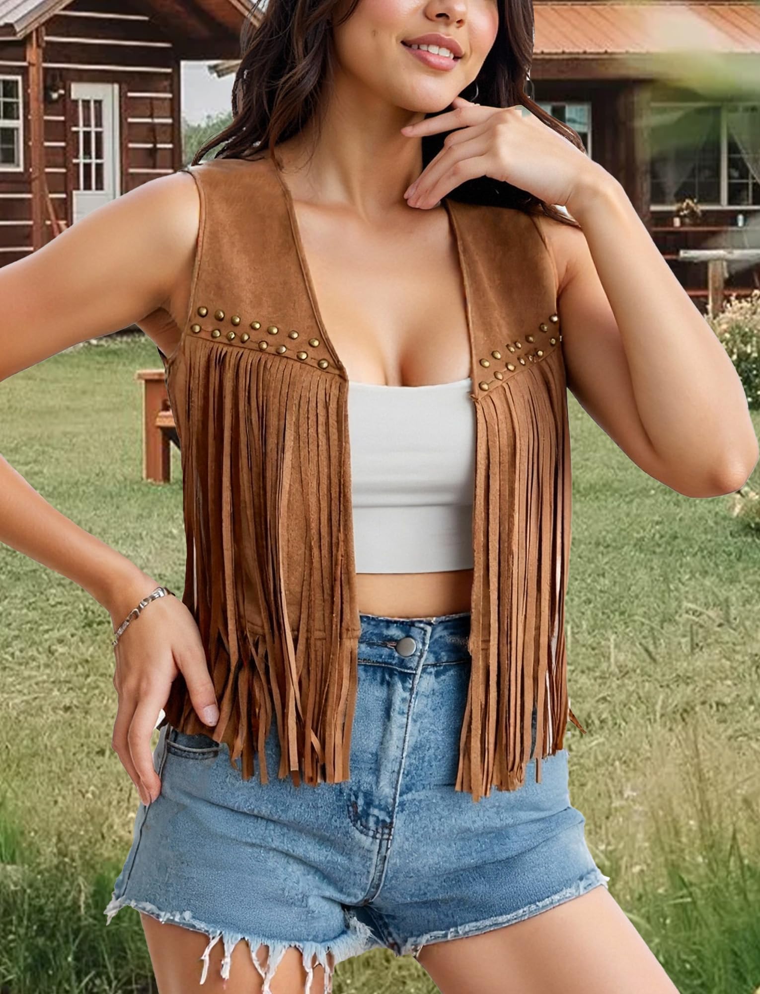 Chaleco corto de ante flecos para mujer sin mangas años 70 S-XXL