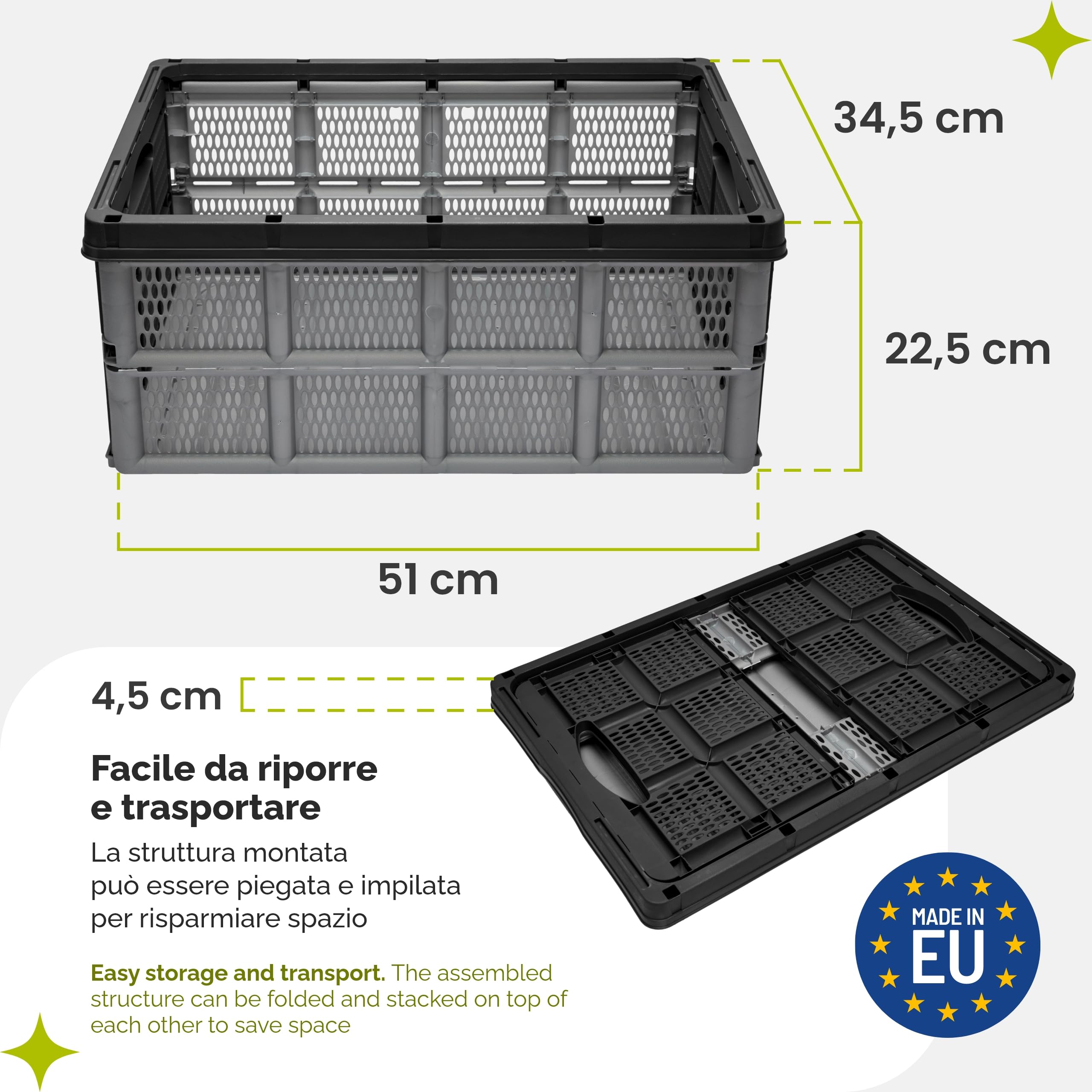 Garronda cassetta pieghevole 32L in plastica HDPE 51x34,5x22,5 cm, box richiudibile ed impilabile per trasporto e stoccaggio in auto, casa e giardino GD-0188 (Grigio/Nero)