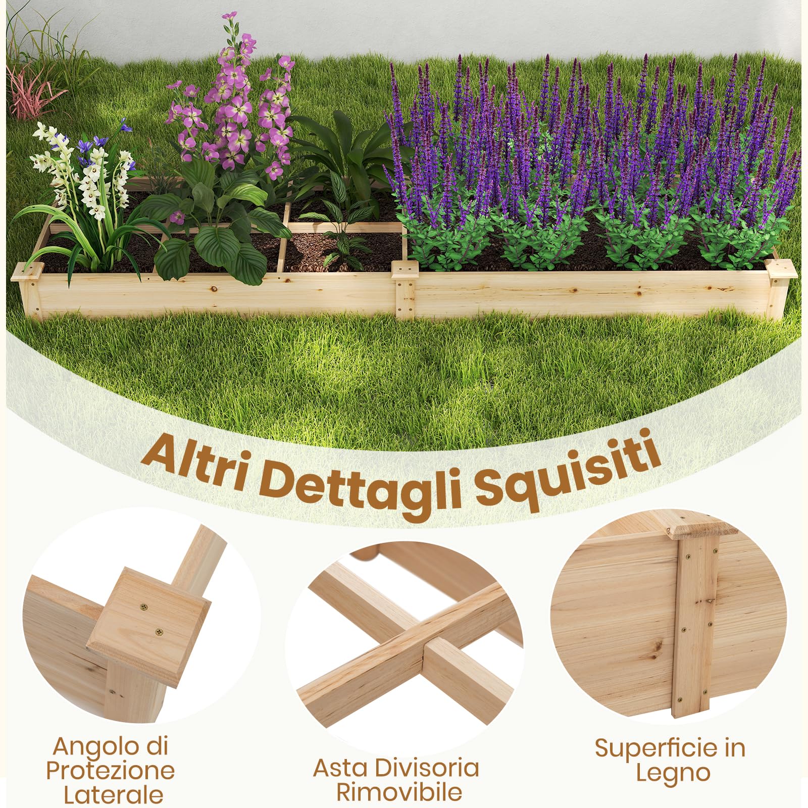 RELAX4LIFE Huerto Urbano Terraza 228x62x25cm de Madera de Abeto con 1 Compartimento Grande y 6 Pequeñas, Mesa de Cultivo con Divisores Extraíbles para Verduras, Frutas, Hierbas y Flores (Natural)