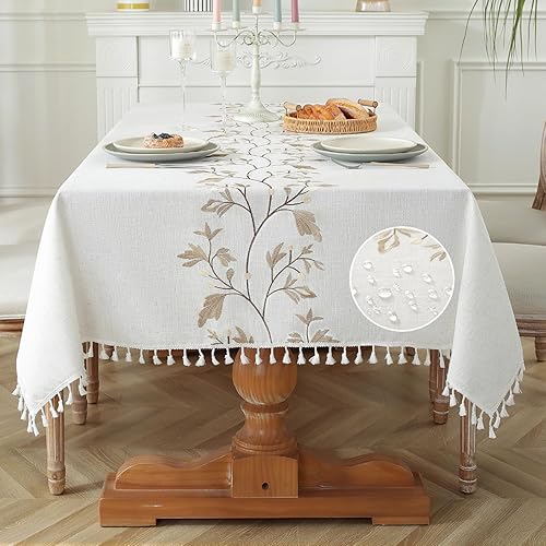 Mantel rectangular para mesa rectangular, mantel de lino de algodón resistente, impermeable, suave y sin arrugas, con borlas, flor café, 55 x 102