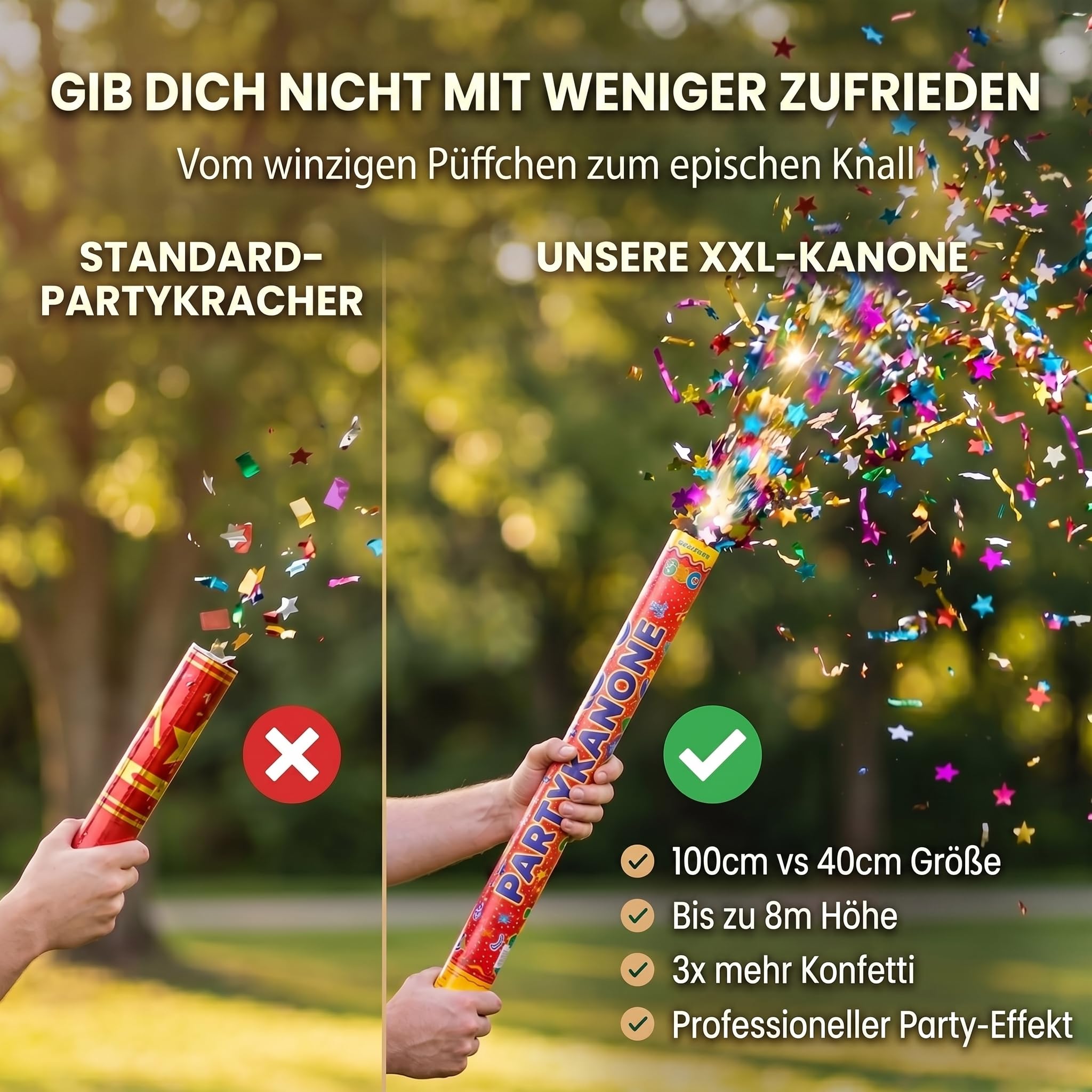 GOODS+GADGETS® Konfettikanone XXL 10er Set, 100cm Party Popper Bunt | Maximaler Showeffekt für Hochzeit und Silvester, Konfettibombe mit 8m Schusshöhe, metallisches Folienkonfetti, flammhemmend