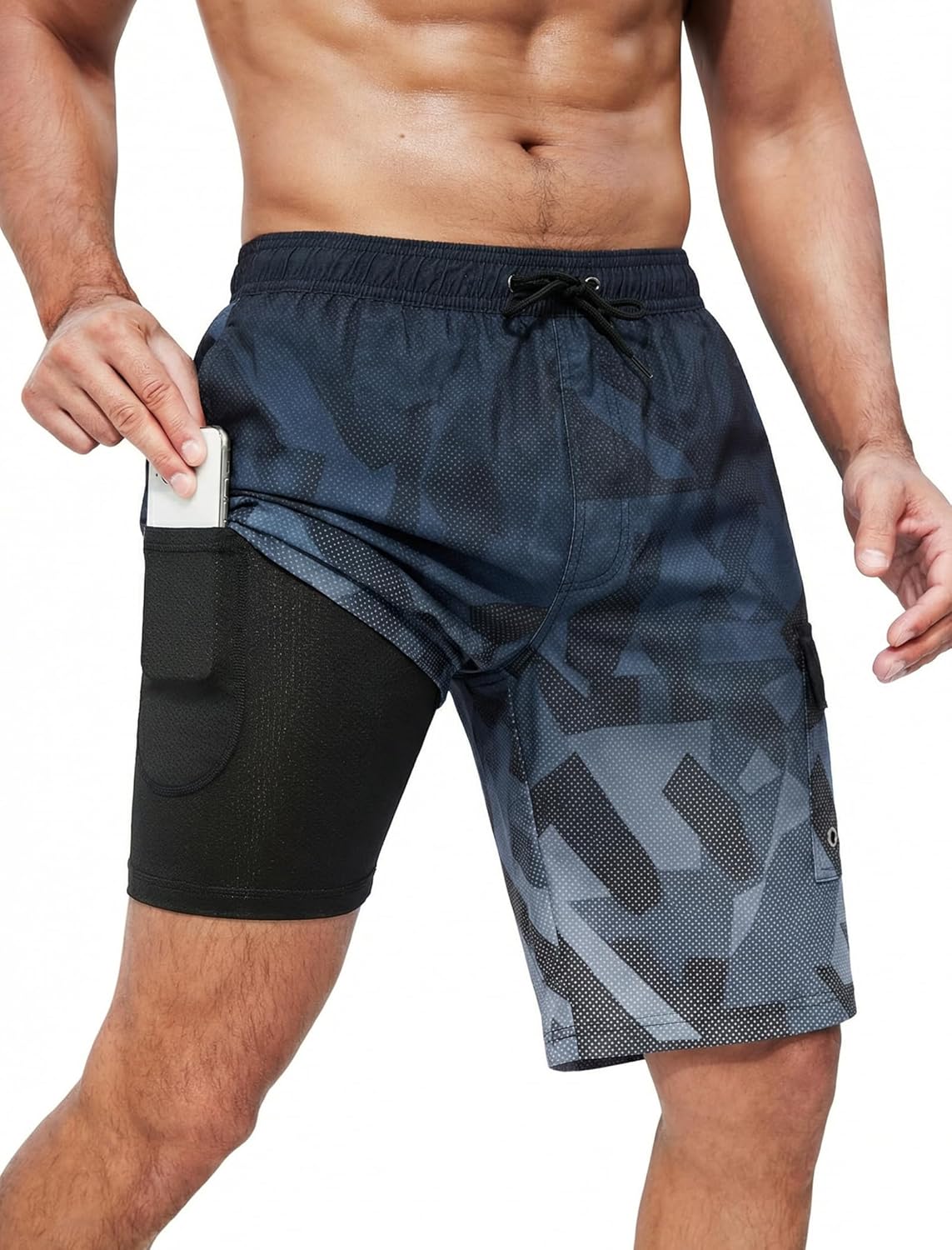SILKWORLD Men's Swim Trunks with Compression Liner Quick Dry Bathing Suits 9 Inch Swimming Shorts with Cargo Pockets