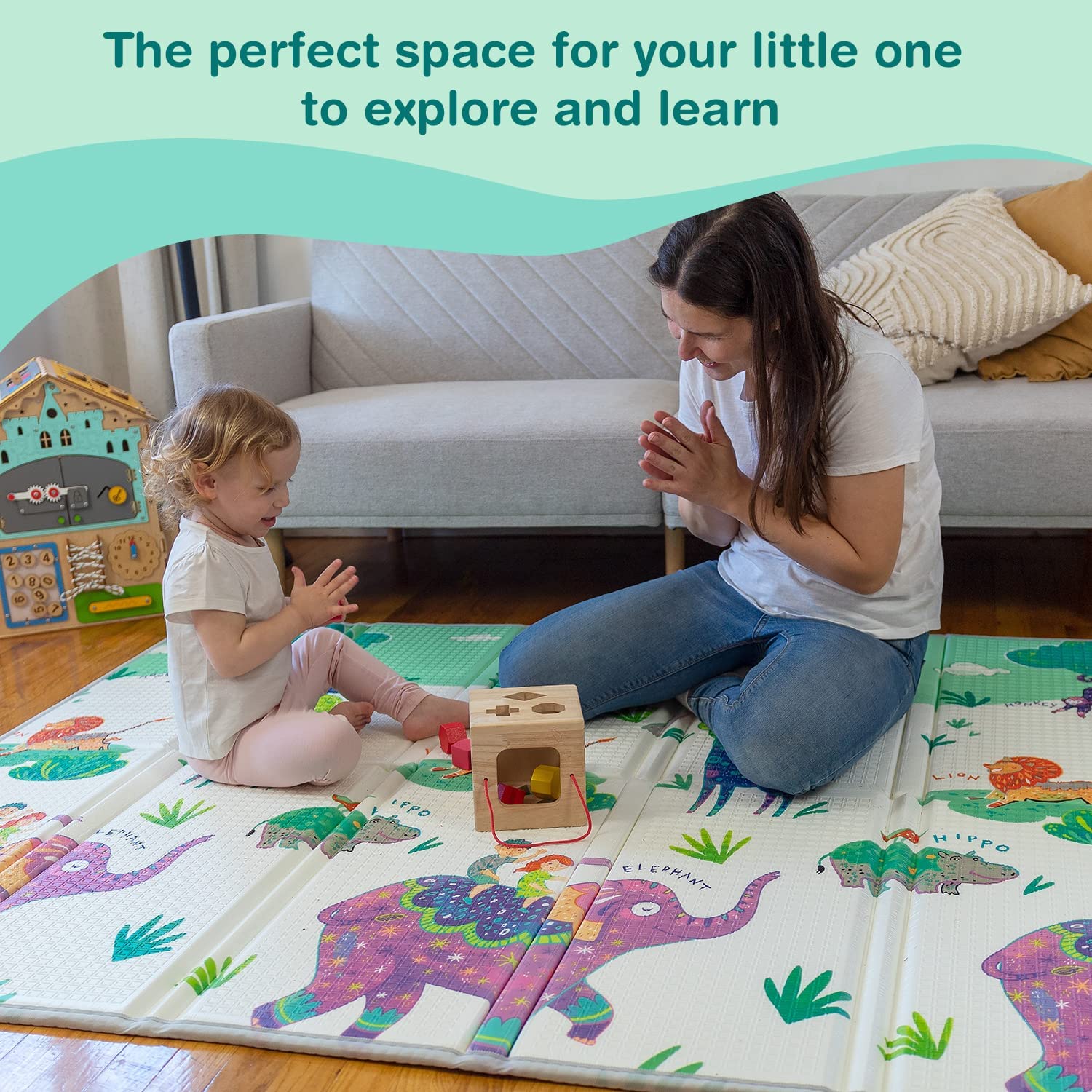 SUVELB Foldable Baby Play Mat - Reversible, Thick Foam Crawling Playmats for Infants, Toddlers, Kids - Waterproof Indoor Outdoor Tummy Time Floor Activity Mat (71 x 59 x 0.6 inches)