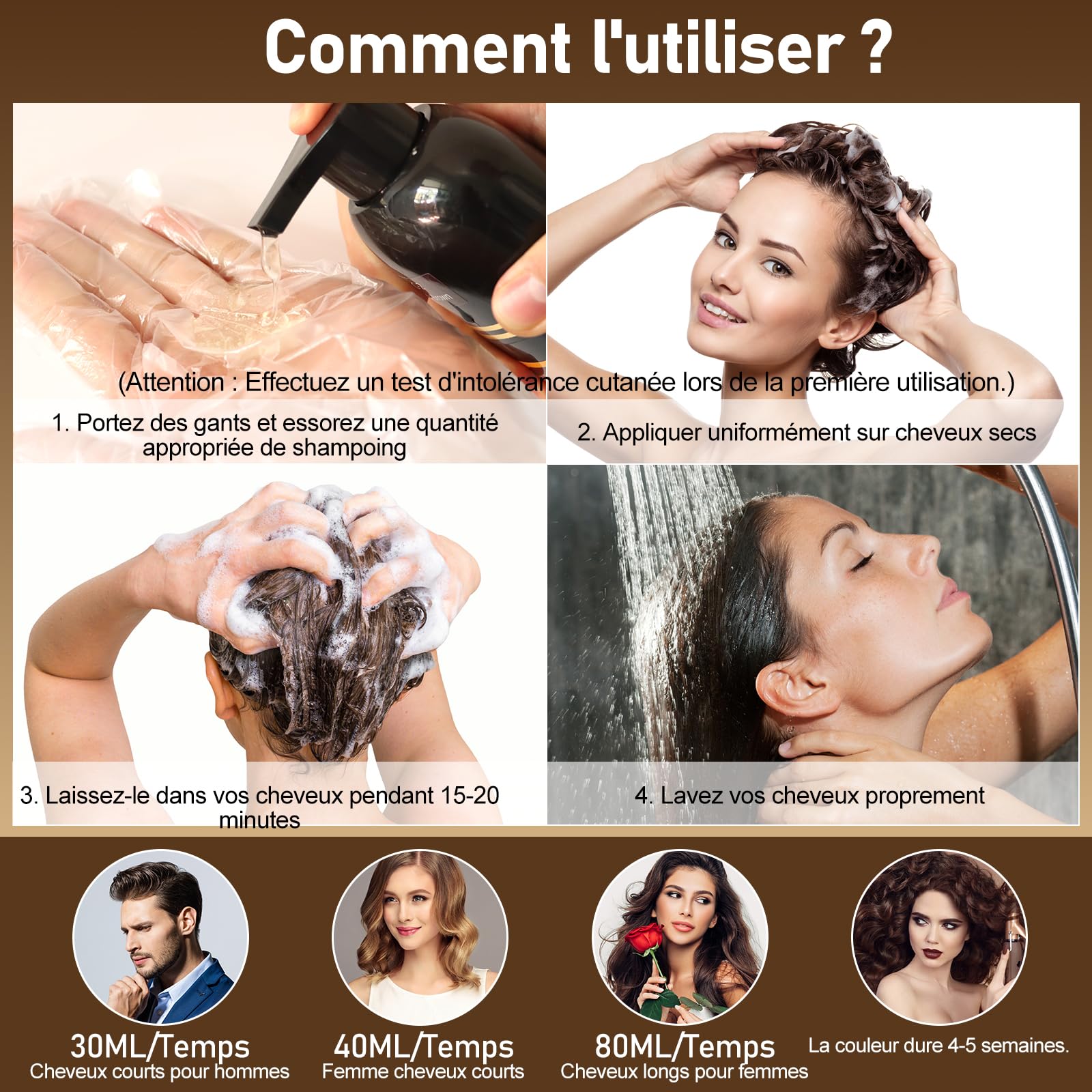 Shampoing Colorant Chatain Foncé, 500ml Shampooing Teinture Cheveux Blancs, Dark Brown Hair Dye Shampoo 3 in 1, Shampoing Cheveux Colorés Instantanée (Chatain Foncé)