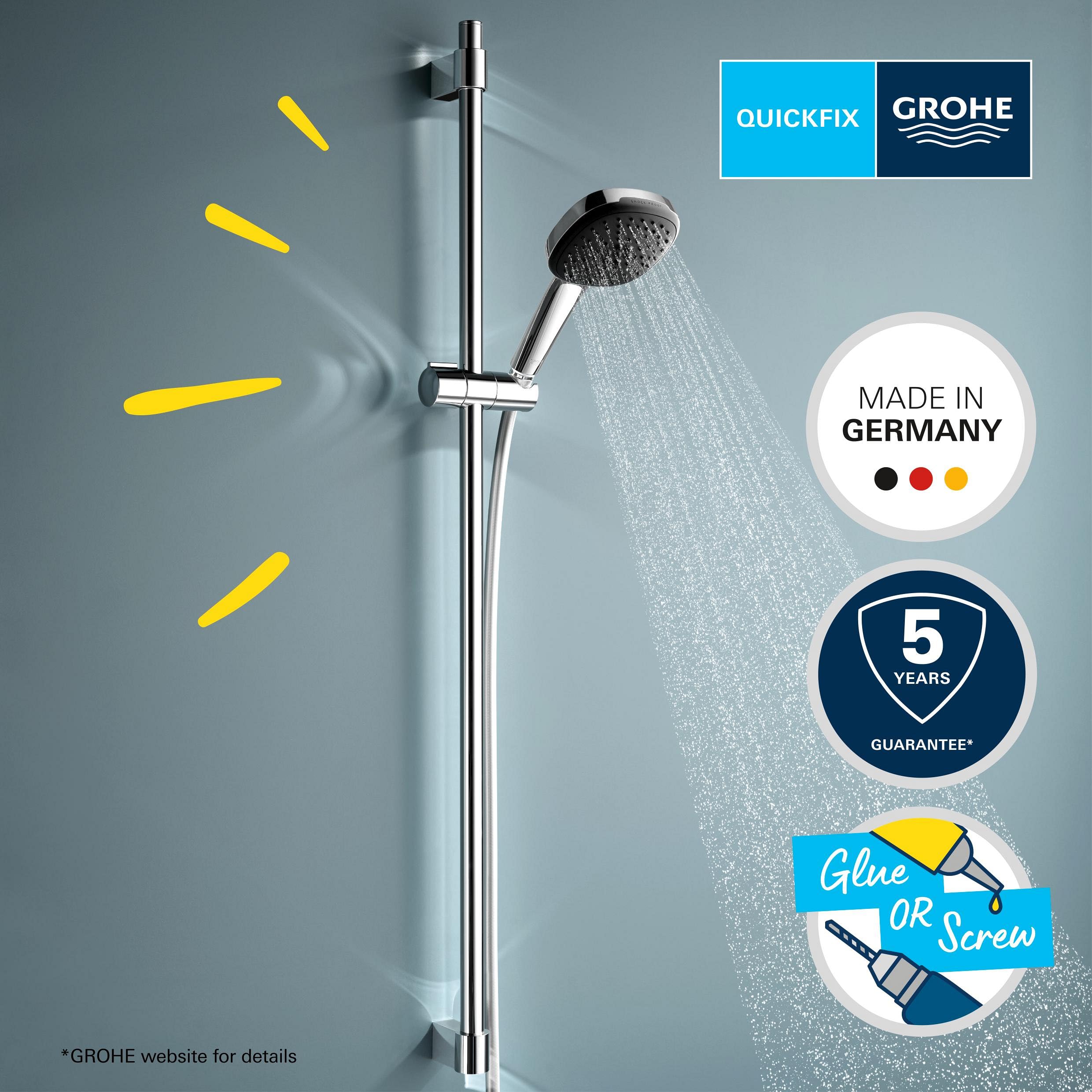 GROHE Vitalio 110, zestaw prysznicowy oszczędzający wodę, 8 l na min (zestaw drążków prysznicowych: 3 rodzaje strumienia, wąż 1,75 m, drążek prysznicowy 90 cm, do klejenia lub wiercenia, bez kleju
