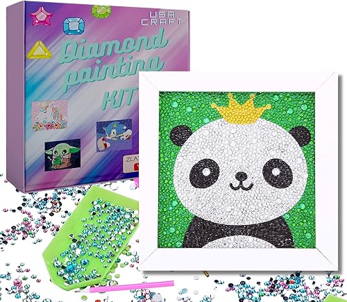 USACRAFT Lindos kits de pintura de diamantes para niños de 5 a 7 años y niñas de 9 a 12 años, marco de madera natural grande de 7 x 7 pulgadas,