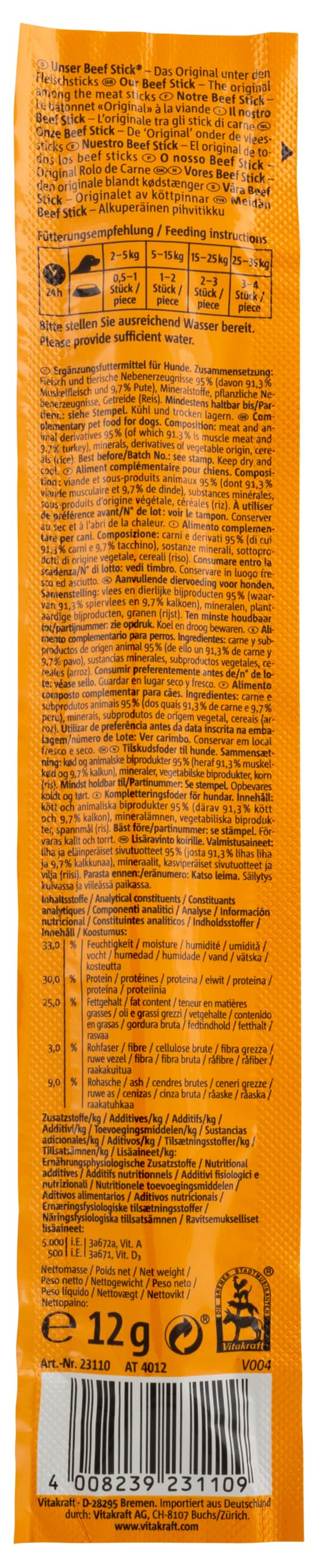 VITAKRAFT Beef Stick con Tacchino Alimento Complementare Snack alla Carne per Cani - 12 g