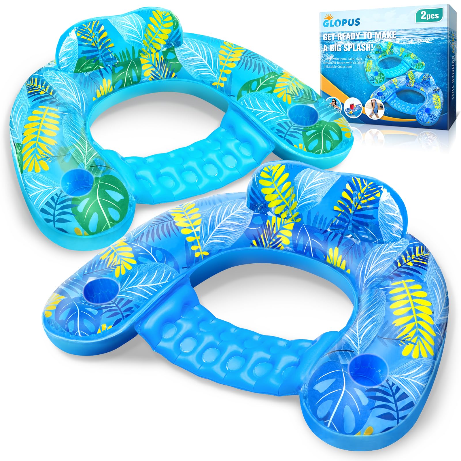 Inflatable Pool Float Chair, 2 Pack Pool Chair Floats for Swimming Pool Floats Adults Size Lounger with Backrest & Cup Holder, Floating Pool Lounge Float Chair, Pool Floaties for Adults