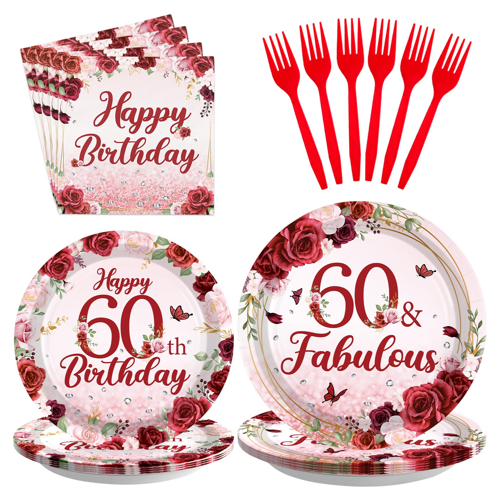 96 PCS Burgundy 60th Birthday Party Supplies Rose Gold Floral