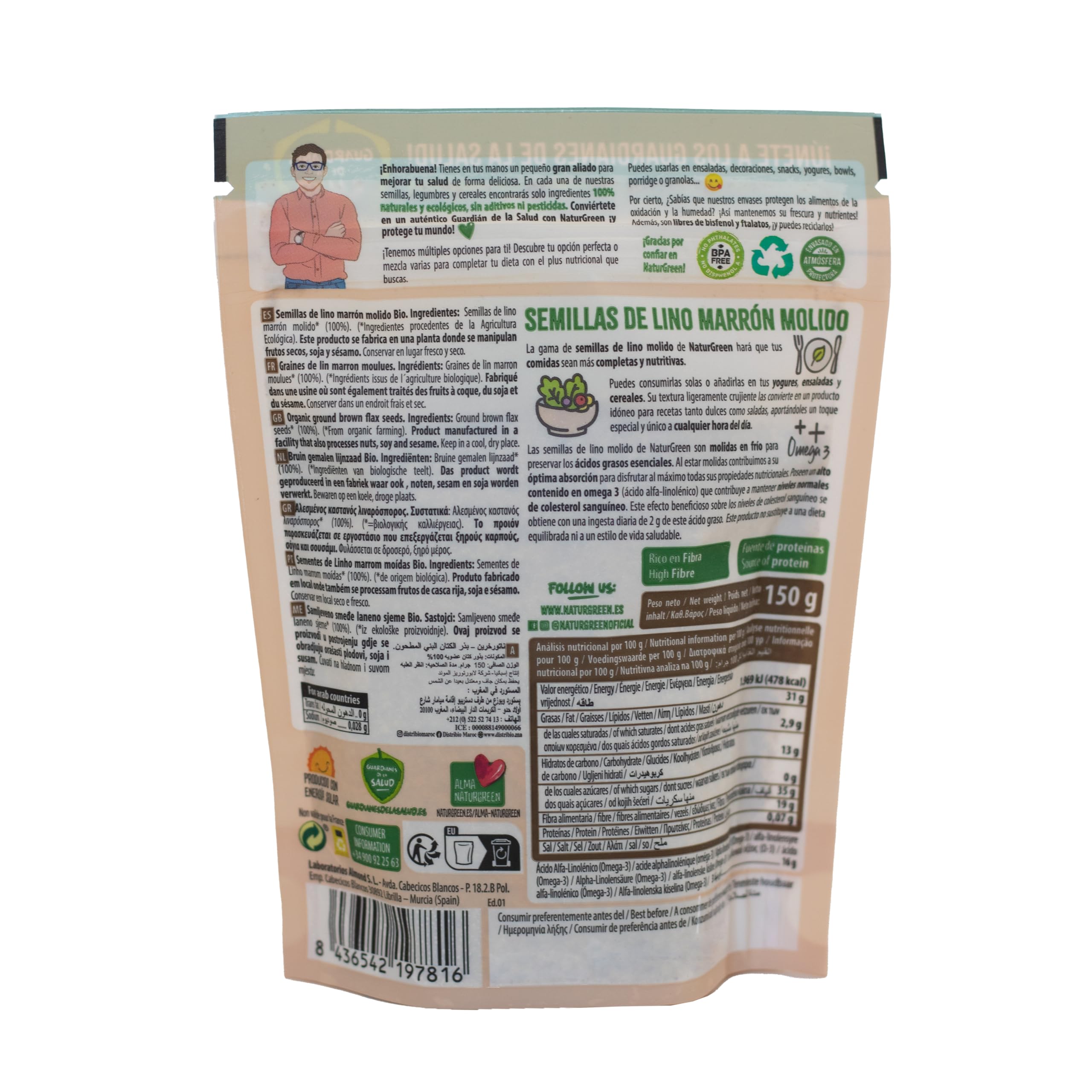 NaturGreen - Semillas Lino Marrón Molido Bio, Molido en Frío, Sin Gluten, 100% Vegetal, Ecológicas, Rico en Omega 3 y Fibra, Fuente de Proteínas, Sin Azúcares Añadidos, 150 g — view 2