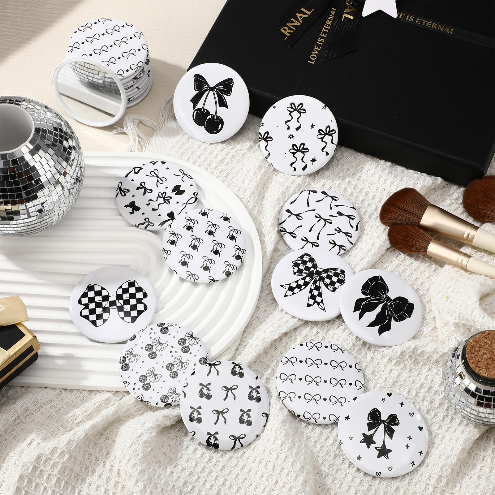 Cinnvoice Kosmetikspiegel, Kosmetikspiegel, schwarze Schleife, tragbar, Reise-Make-up, Taschenspiegel, für Mädchen, Frauen, Hochzeit, Brautparty, Quinceanera, Partygeschenk, 36 Stück