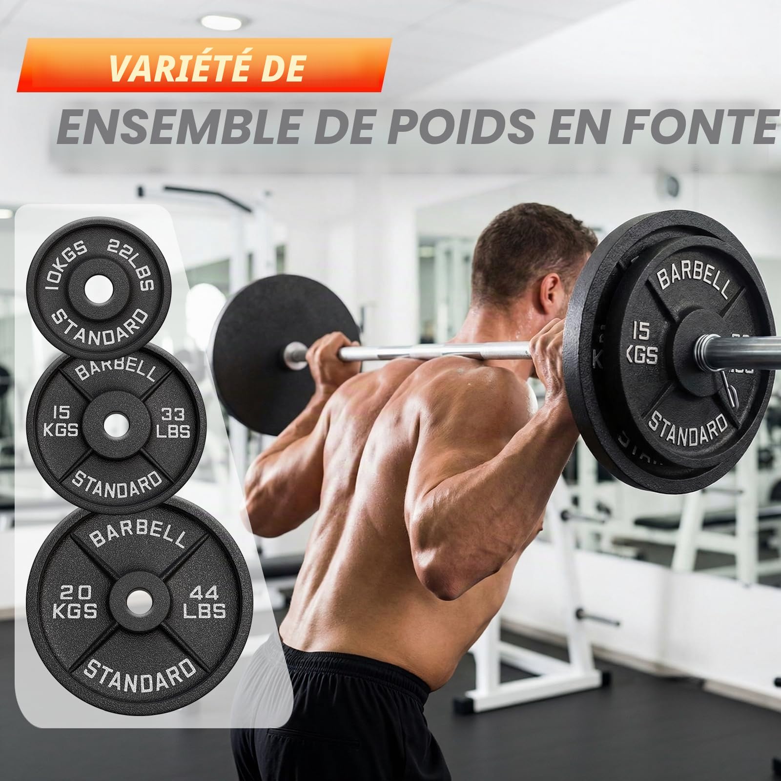 Disques de poids en fonte 10kg, 15kg, 20 kg au choix, Ensemble de disques d'haltères, Set de plaques avec alésage 50 mm pour Musculation et Haltérophilie
