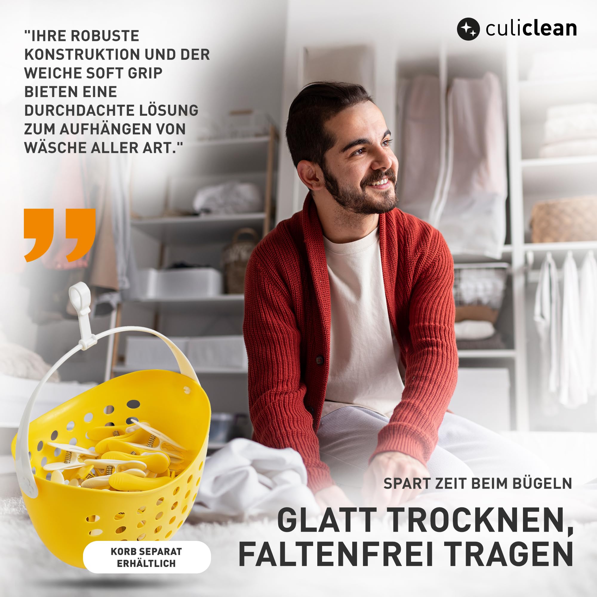 culiclean Wäscheklammern ohne Abdruck, SoftClip, 40x, blau-gelb-grün-rosa | Wäscheklammer SoftClip, stabile Kluppen mit Softgrip, 70 mm, bruchsicher & windfest, UV-beständig, BPA-frei, Made in France
