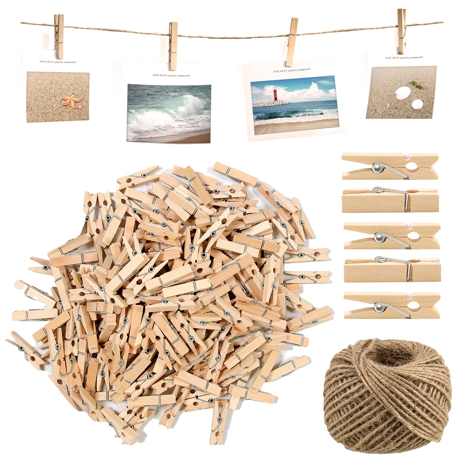200 Pcs Mini Wooden Pegs with 30m Jute String, 3.5 cm Natural Craft Pegs