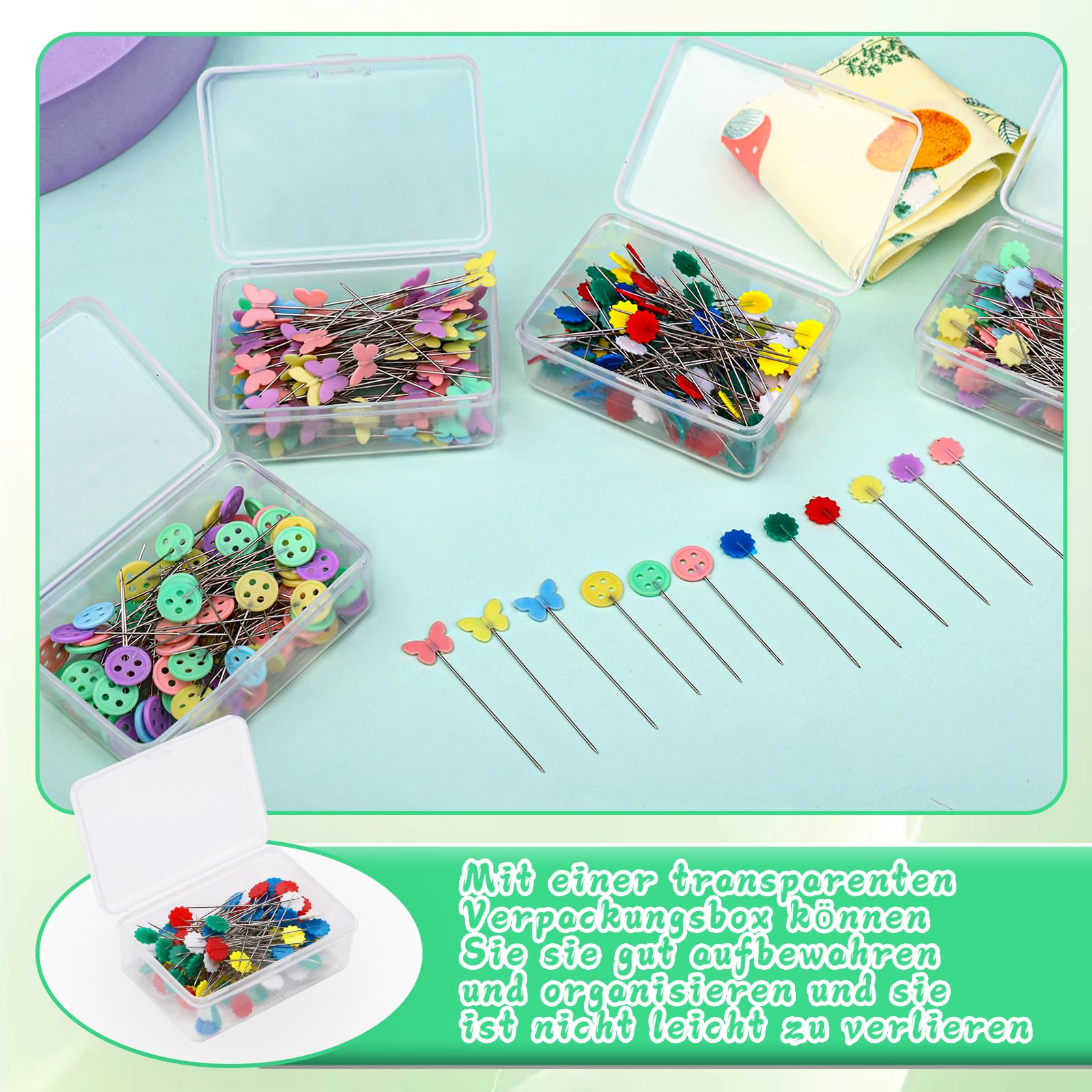 200 Spilli Per Quilting Con Testa A Fiore E Cuscinetto A Forma Di Riccio - Multicolore, Acciaio Inox - Foto 4