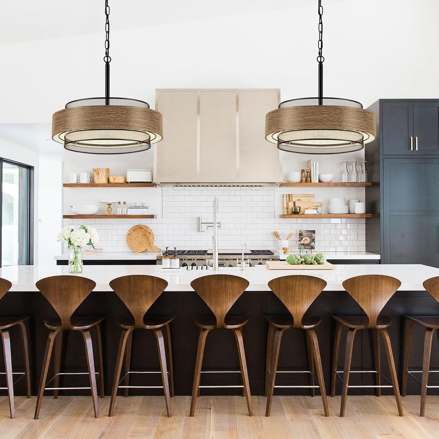 19.7 inch Farmhouse Chandeliers for Dining Room, 5-Light Rustic Large Round Black Chandelier Metal Wood Texture Interior Hanging Lighting for Entryway Kitchen Island Foyer Bedroom Living Room