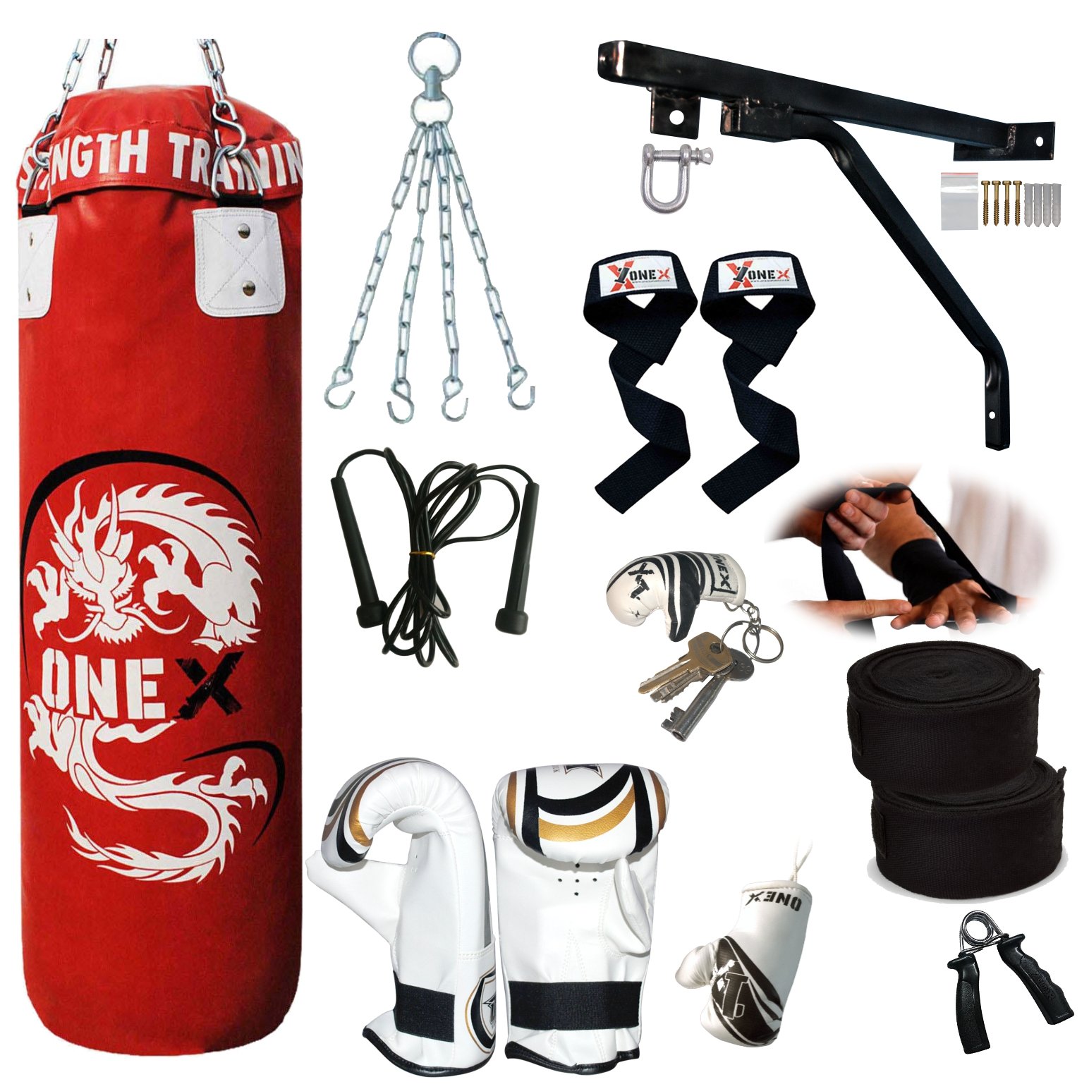 ONEX 3ft Punch Bag Set Heavy Filled Boxing Training Punching Gloves Fighting Hanging 13pcs Bracket set (Red)