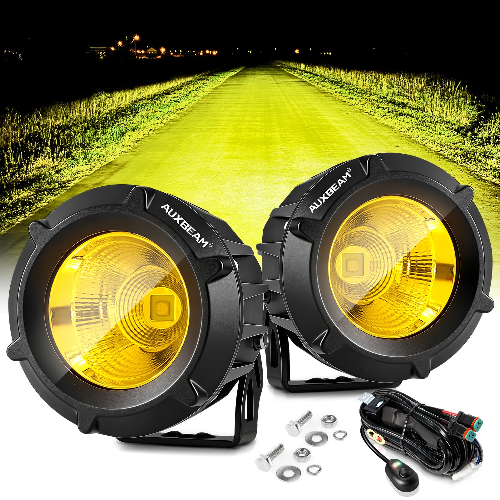 3.5in 50W Round Led Offroad Light, 5000LM Amber Fog Driving Pod With Wiring Harness Kit - Yellow Spot Flood Combo for Jeep Vehicle Truck ATV SUV Motorcycle