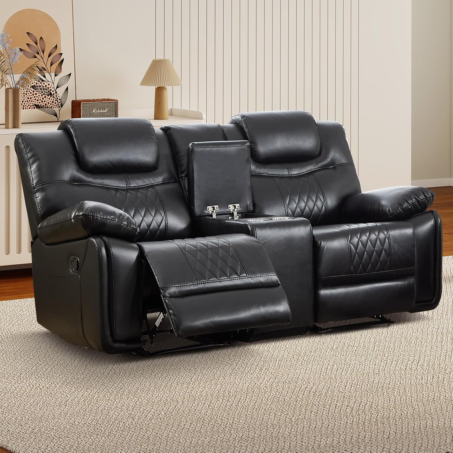 EBELLO Faux Leather Manual Loveseat Recliner, Comfortable Armrest 2 Seat Recliner Sofa with Center Console, Hidden Storage and Cup Holders, Reclining Couch for Living Room Black (Loveseat)