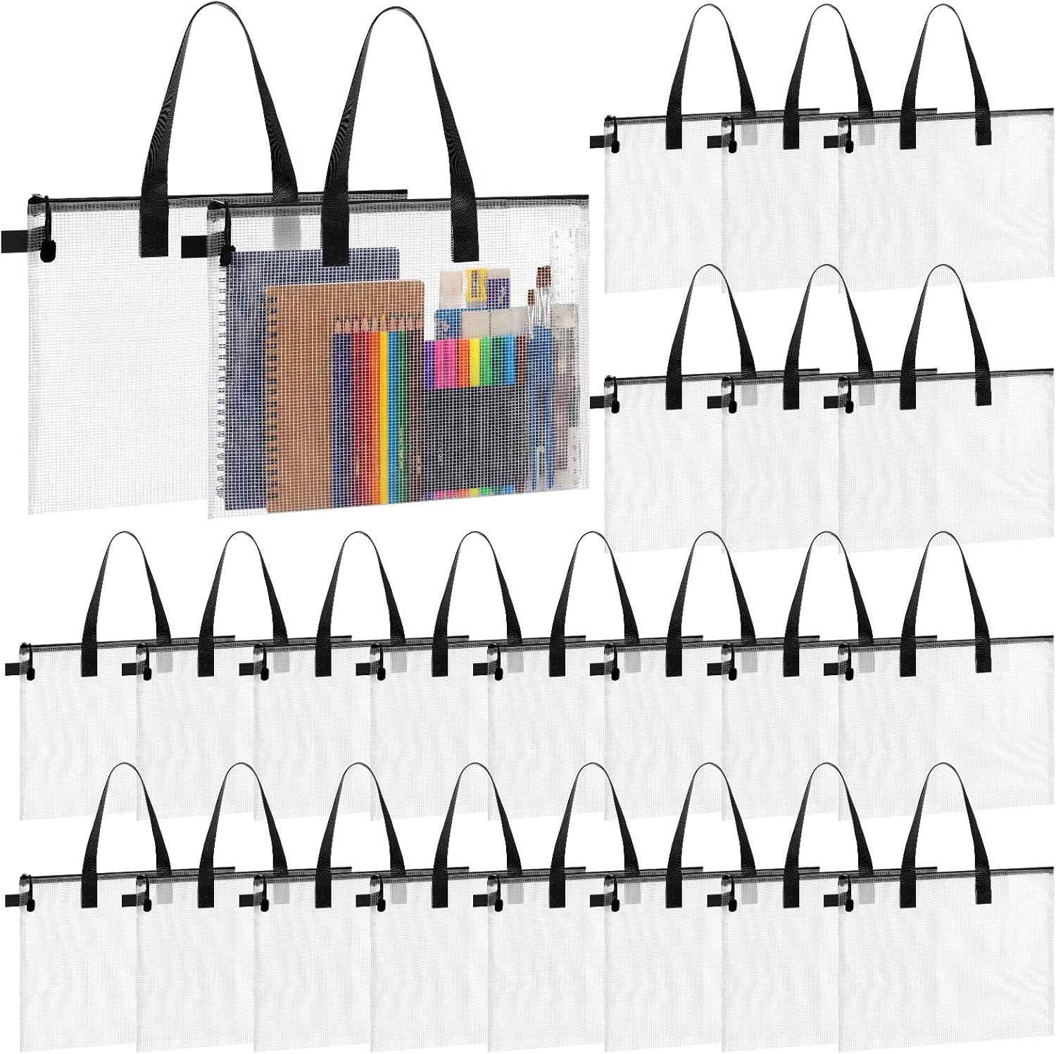 Reginary 24 Pcs Mesh Zipper Pouch File Bags with Handle Bulk A4 11 x 13.8 Inch Zipper Mesh Document Pouch Artwork Storage Organize for Office School Supplies Paintings Puzzle Travel Storage(Black)