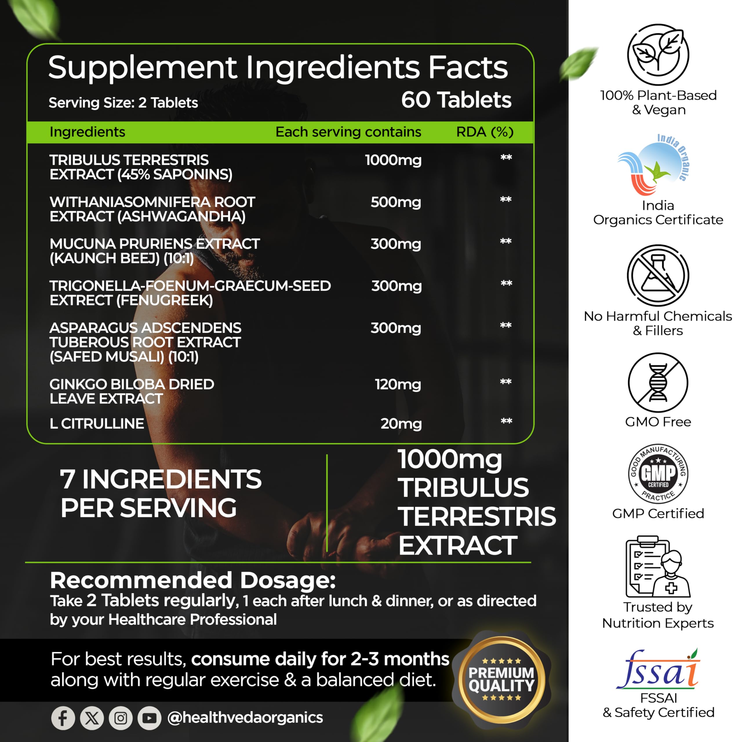 Health Veda Organics Testo-7X Supplement with 1000mg Tribulus Terrestris & Ashwagandha - 60 Tablets | 7-in-1 Natural Blend for Men's Strength, Stamina & Energy | Muscle Support & Vitality Formula — Amazon image 2