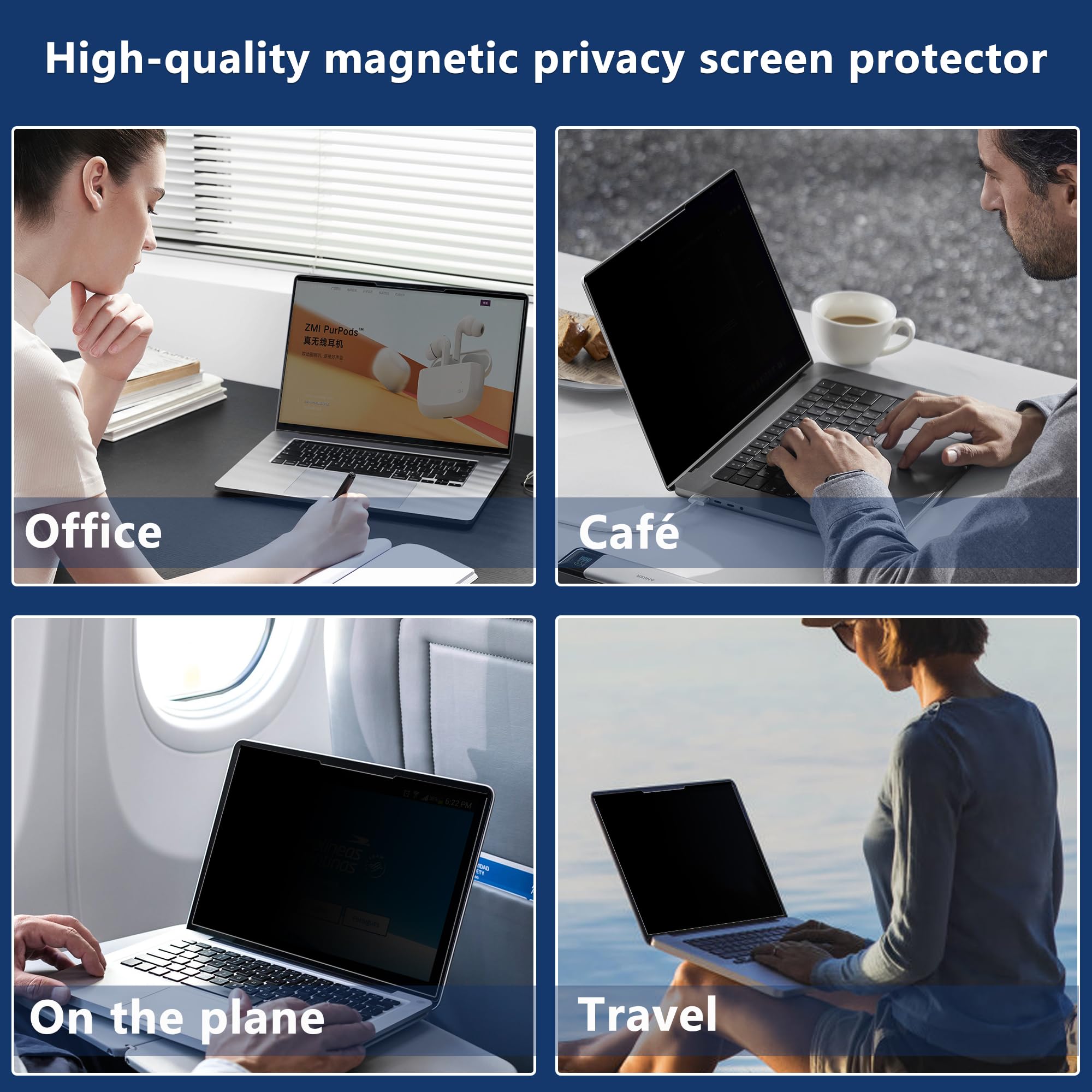 Pellicola Magnetica per Privacy da 16 Pollici 16:10, Anti-Luce Blu, Antiriflesso, Antigraffio, Bifacciale, Rimovibile Pellicola Privacy per Laptop (16 pollici 16:10-351 x 225 mm)