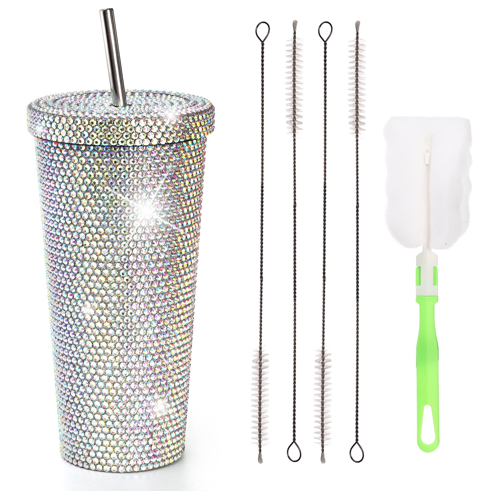 Mezchi 800ML Bling Diamond Tumbler, Glitter Tumbler with Straw and Lid, Sparkly Stainless Steel Thermal Drinking Water Cup, Rhinestone Water Bottle with 1 Pcs Brush & 4 Pcs Straw Brushes for Women