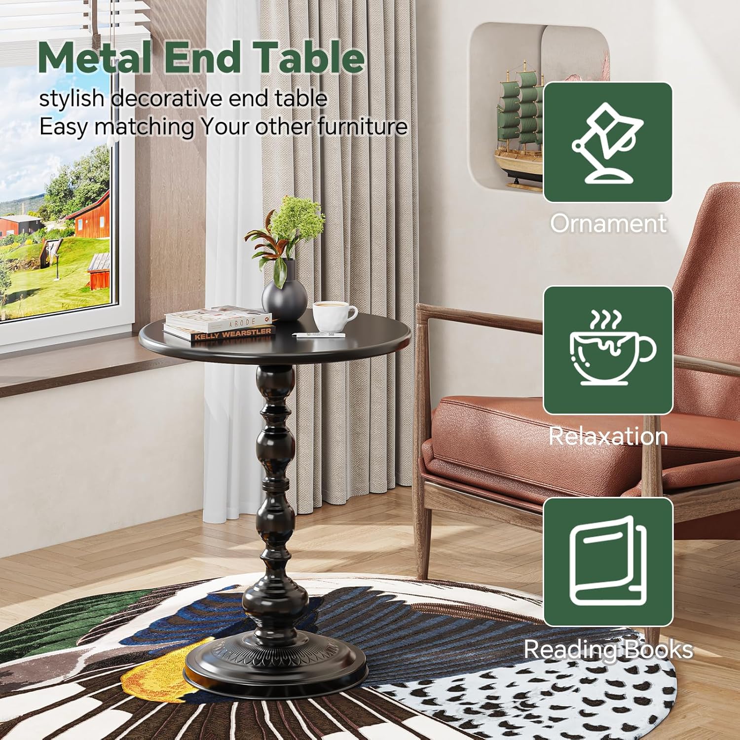 Simple Trending Small Side Table, Round Drink Table End Table, Sofa Table TV Tray Table, Pedestal Coffee Table for Living Room, Black