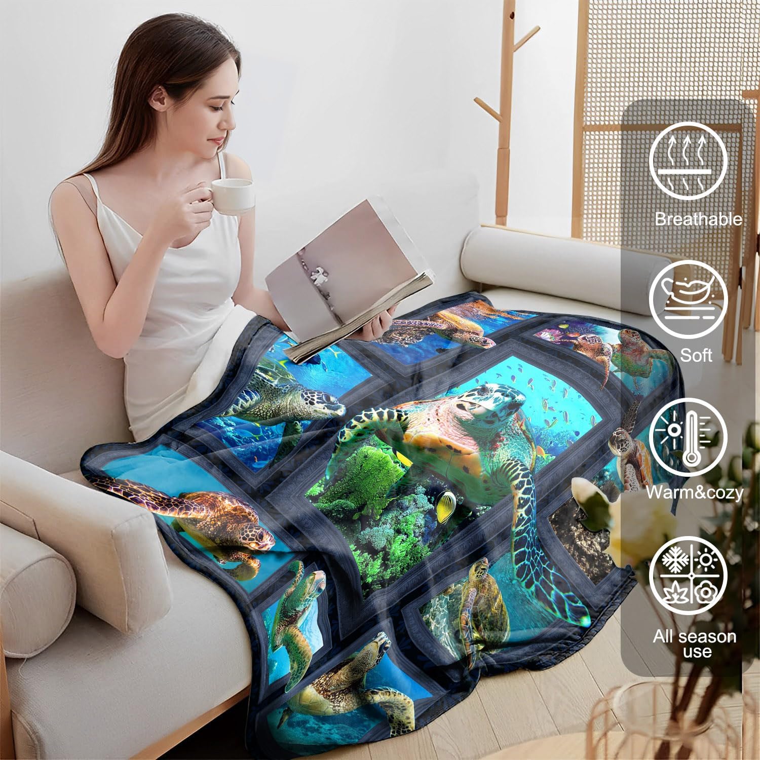 Sea Turtle Fleece Throw Blanket - Super Soft Plush, Ocean Turtle Blanket for Women, Men and Kids - 50"x60"