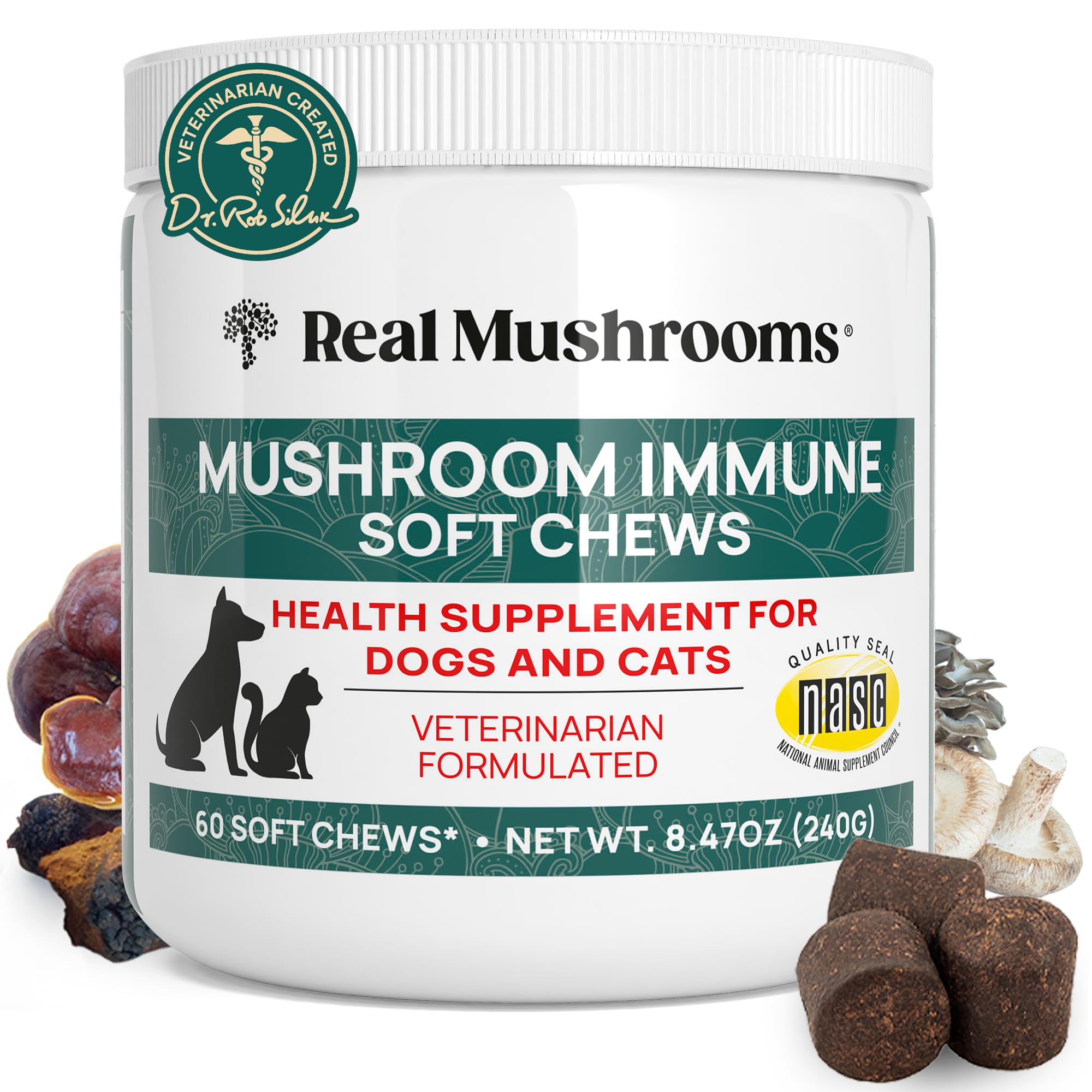 Real Mushrooms Soft Chews for Pets – Functional Treats with Reishi, Olive Leaf, Ashwagandha Blend – Cats & Dogs Vitamin Bites– Mushroom Supplement for Dogs & Cats Wellness Support, 60 Count