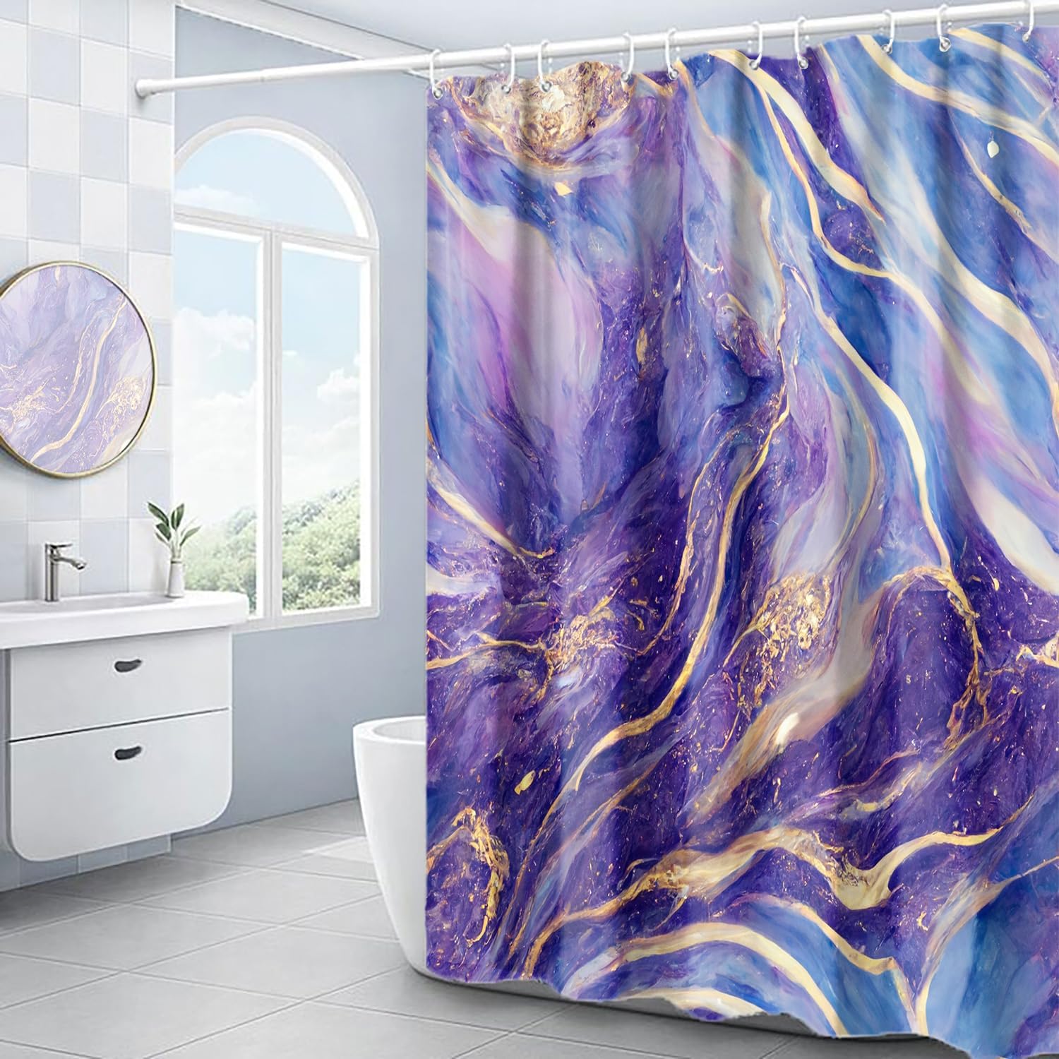Domoku Purple Blue and Gold Marble Shower Curtain, Purple