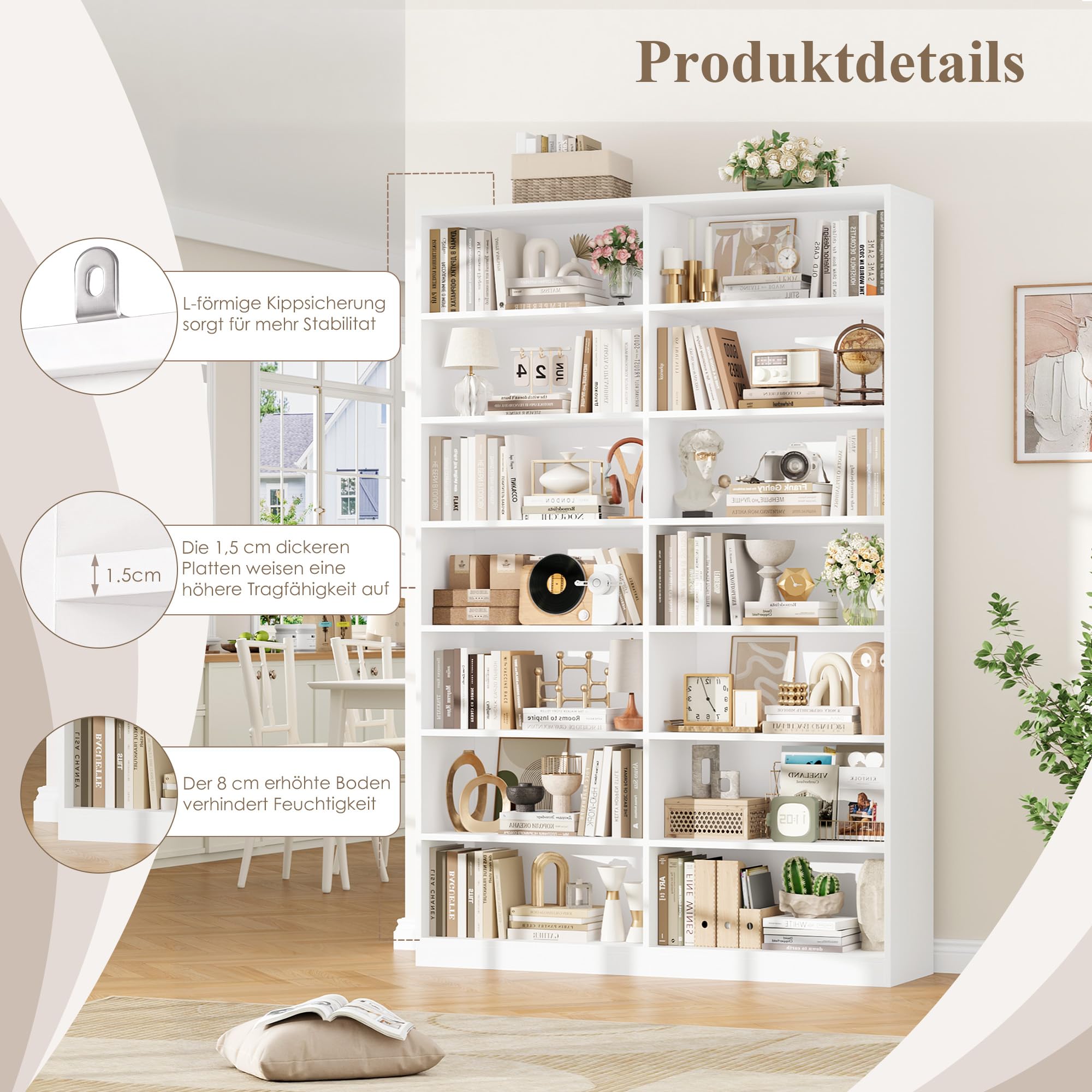 FirFurd Bücherregal 212 cm hoch Bücherschrank mit 14 Fächern weiß