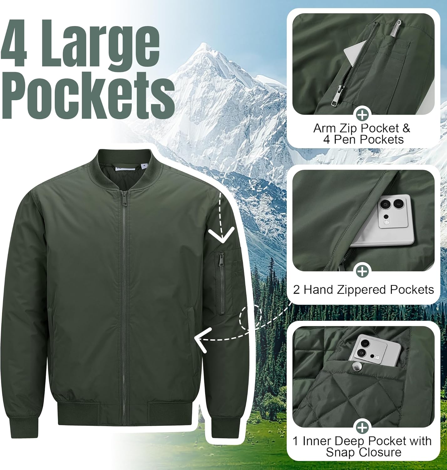 33,000ft Men's Bomber Jacket Waterproof Zip Up Windbreaker Quilted Padded Lightweight Warm Casual Spring Fall Winter Coat - Image 3